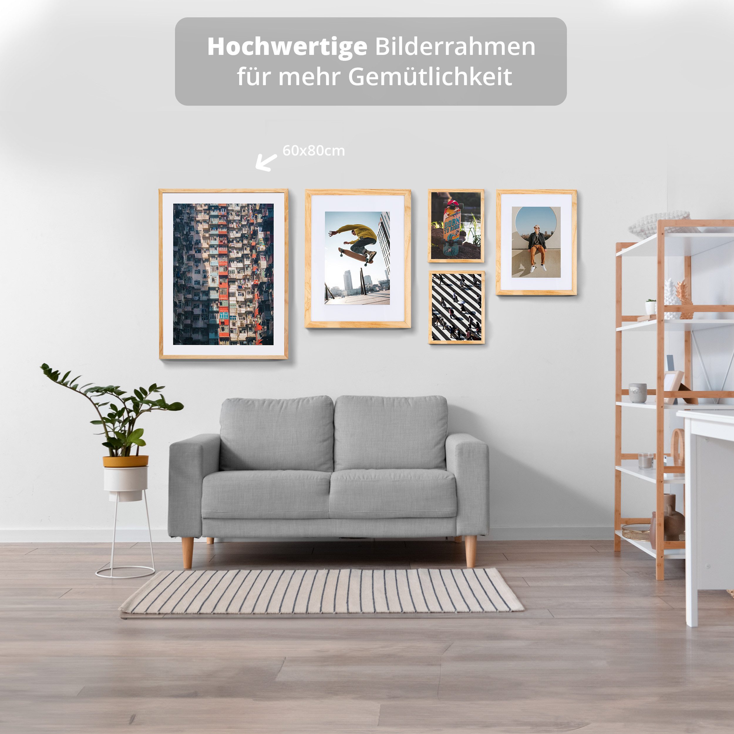 KHG Bilderrahmen 60x80 cm Natur, für 1 Bilder (stabile Glasfront, MDF-Holz-Rahmen foliert & Passepartout, 1 St), Premium-Rahmen für Fotos, Poster, Zertifikate & – Bild 3 von 5
