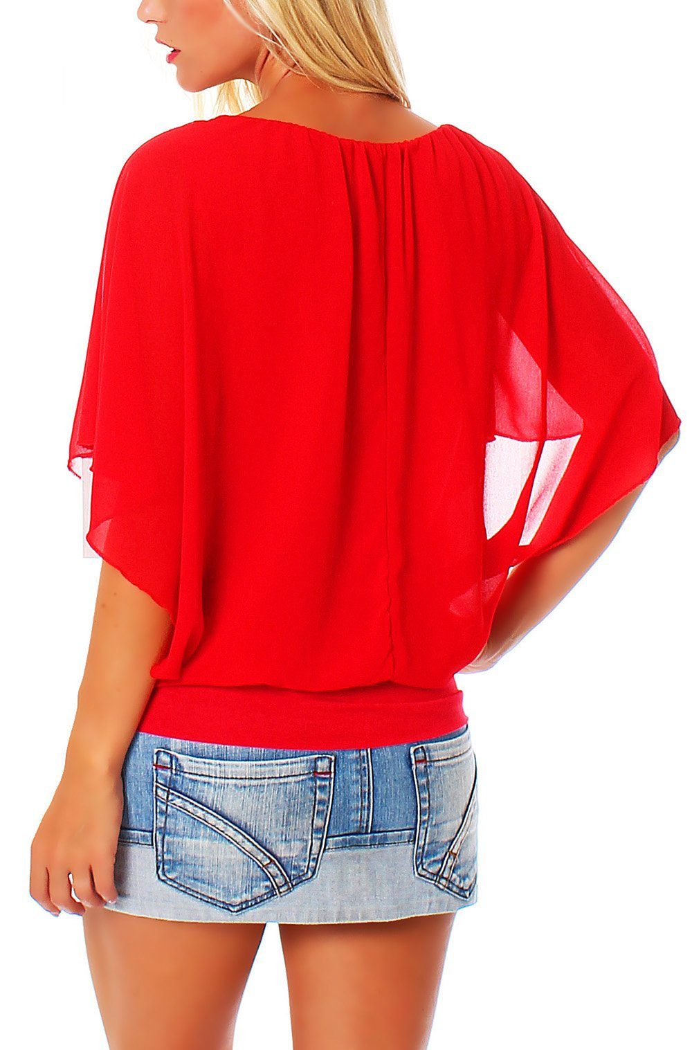 malito more than fashion Chiffonbluse malito Damen Bluse im Fledermaus Look, Tunika mit Rundhals und breite mit breitem Bund Einheitsgröße