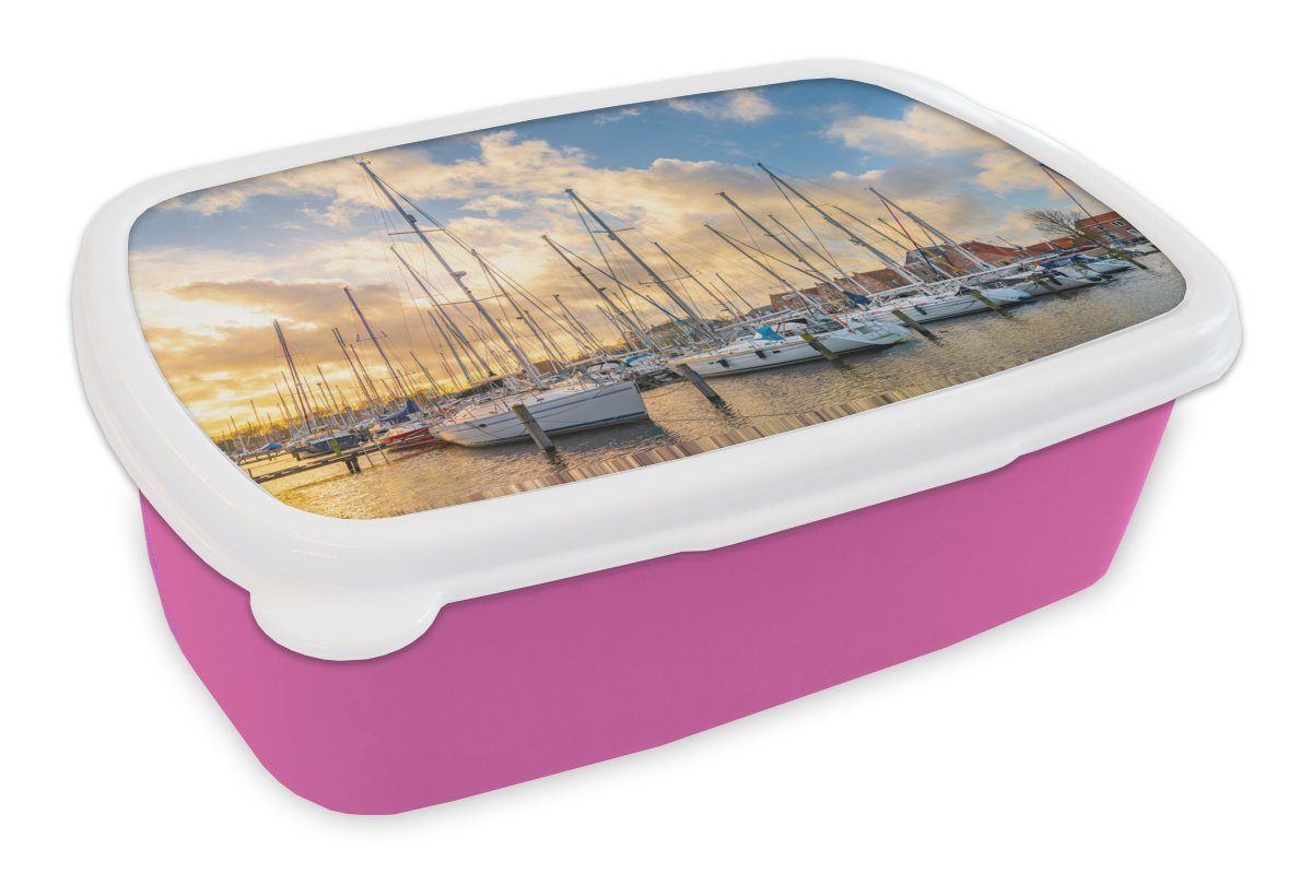 MuchoWow Lunchbox Meer - Segelboot - Hafen, Kunststoff, (2-tlg), Brotbox für Erwachsene, Brotdose Kinder, Snackbox, Mädchen, Kunststoff rosa