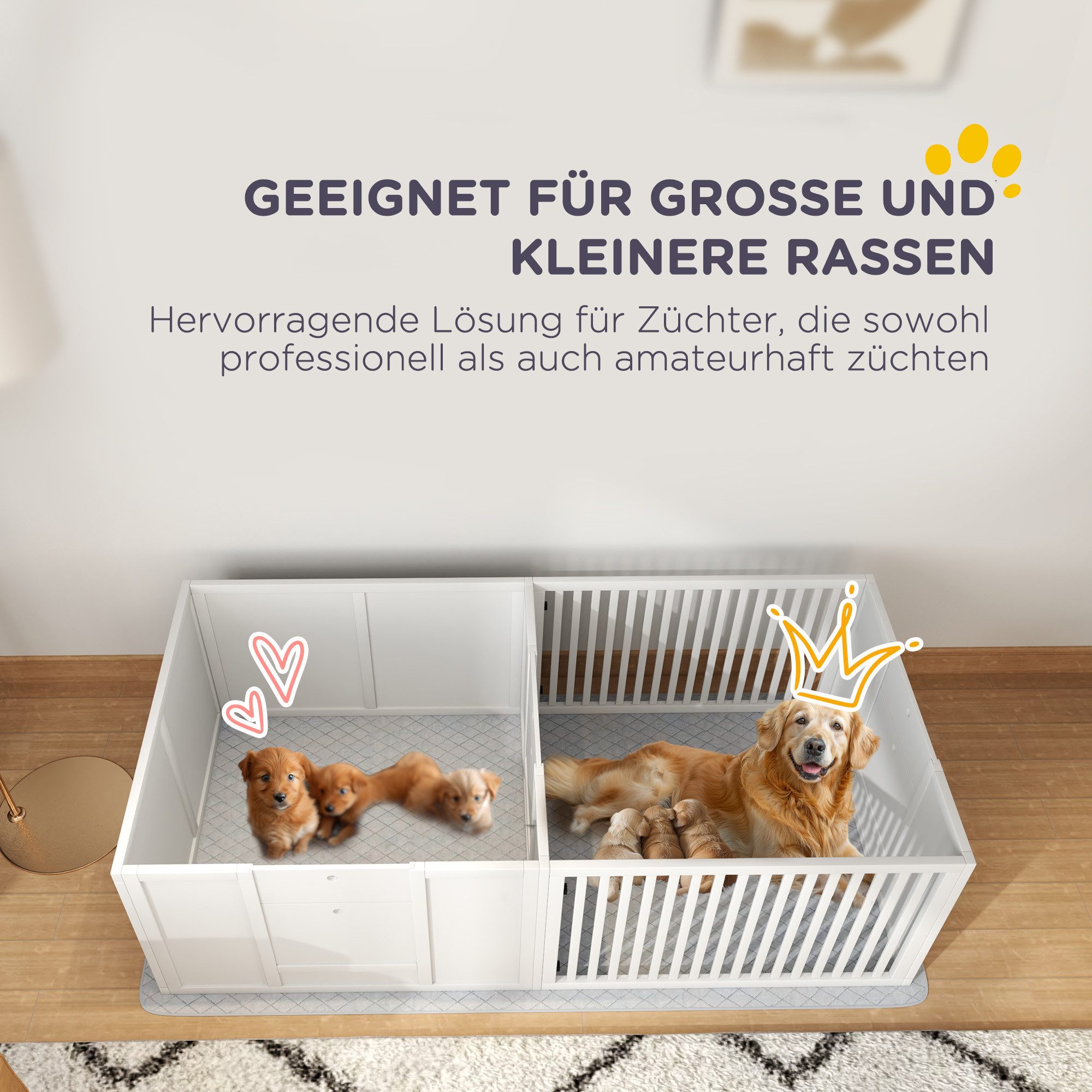 PawHut Laufgitter Wurfbox Welpenlaufstall mit wasserdichte Bodenmatte, 166x80x50 cm (Wurfkiste, 1-tlg), für Welpen, Weiß – Bild 4 von 5