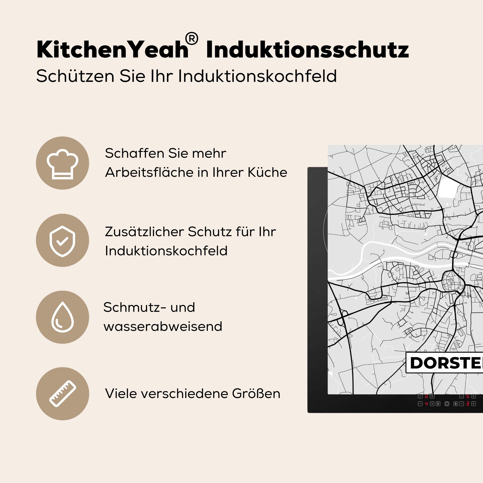 MuchoWow Herdblende-/Abdeckplatte Karte - Stadtplan Arbeitsplatte für Dorsten, - cm, tlg), Vinyl, 78x78 küche Ceranfeldabdeckung, Deutschland (1 