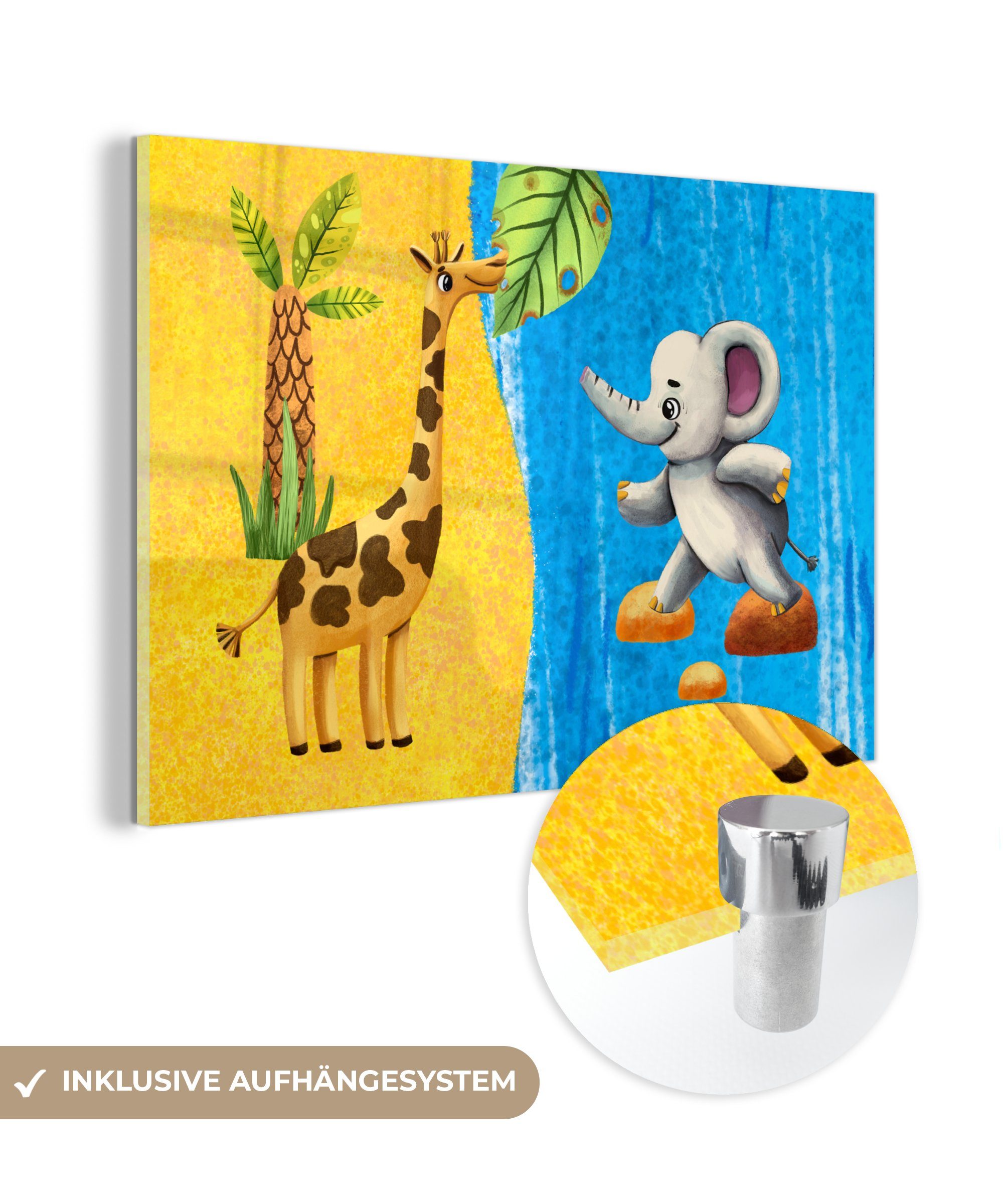 MuchoWow Acrylglasbild Elefant - Giraffe - Wasser, (1 St), Glasbilder - Bilder auf Glas Wandbild - Foto auf Glas - Wanddekoration