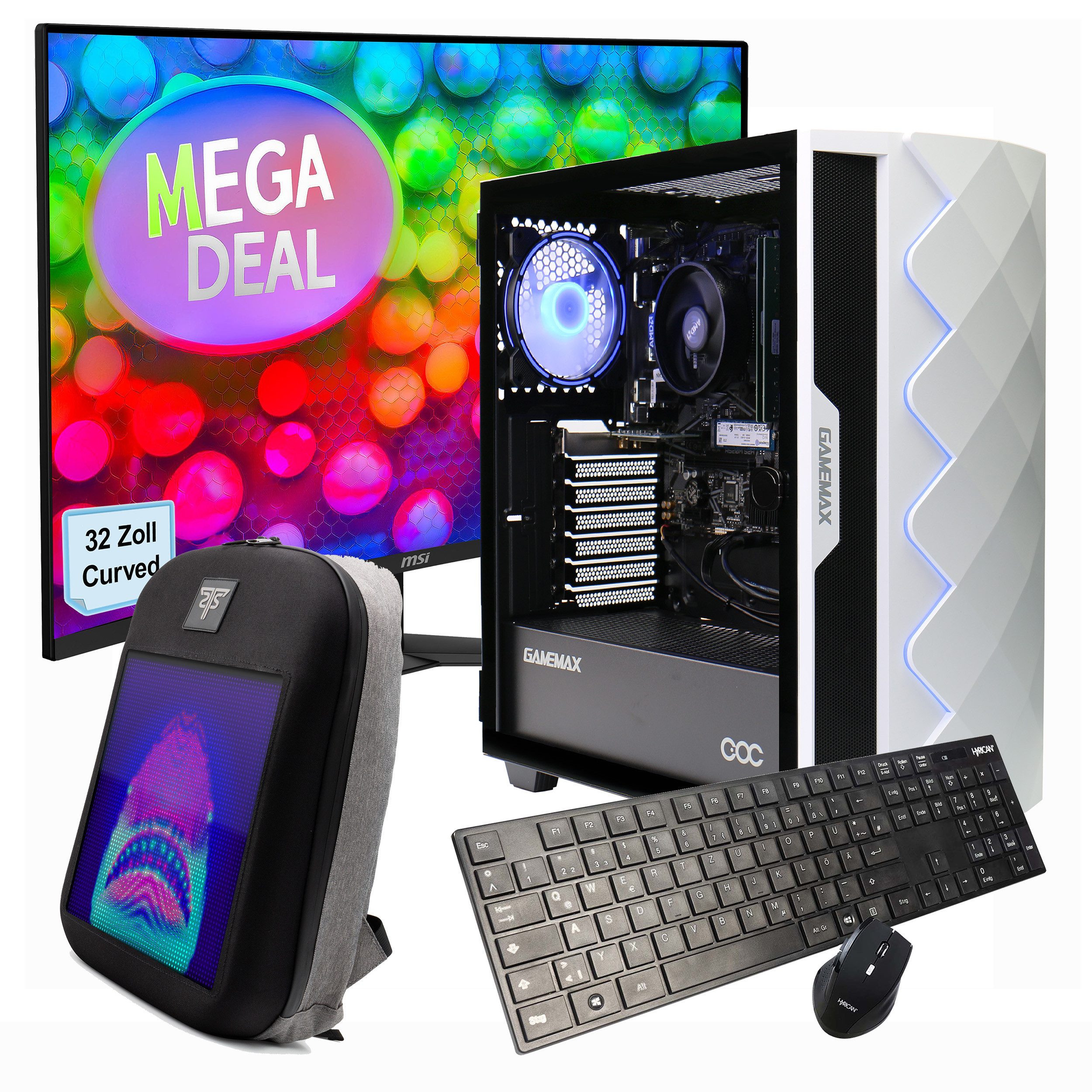 GAMEMAX MegaDeal Diamond WT SET2595 PC-Komplettsystem (32", AMD Ryzen 5 5600G, Radeon Graphics on Board, 32 GB RAM, 1000 GB SSD, Windows 11 + MSI MAG 32C6 Curved Monitor, 80cm (32)