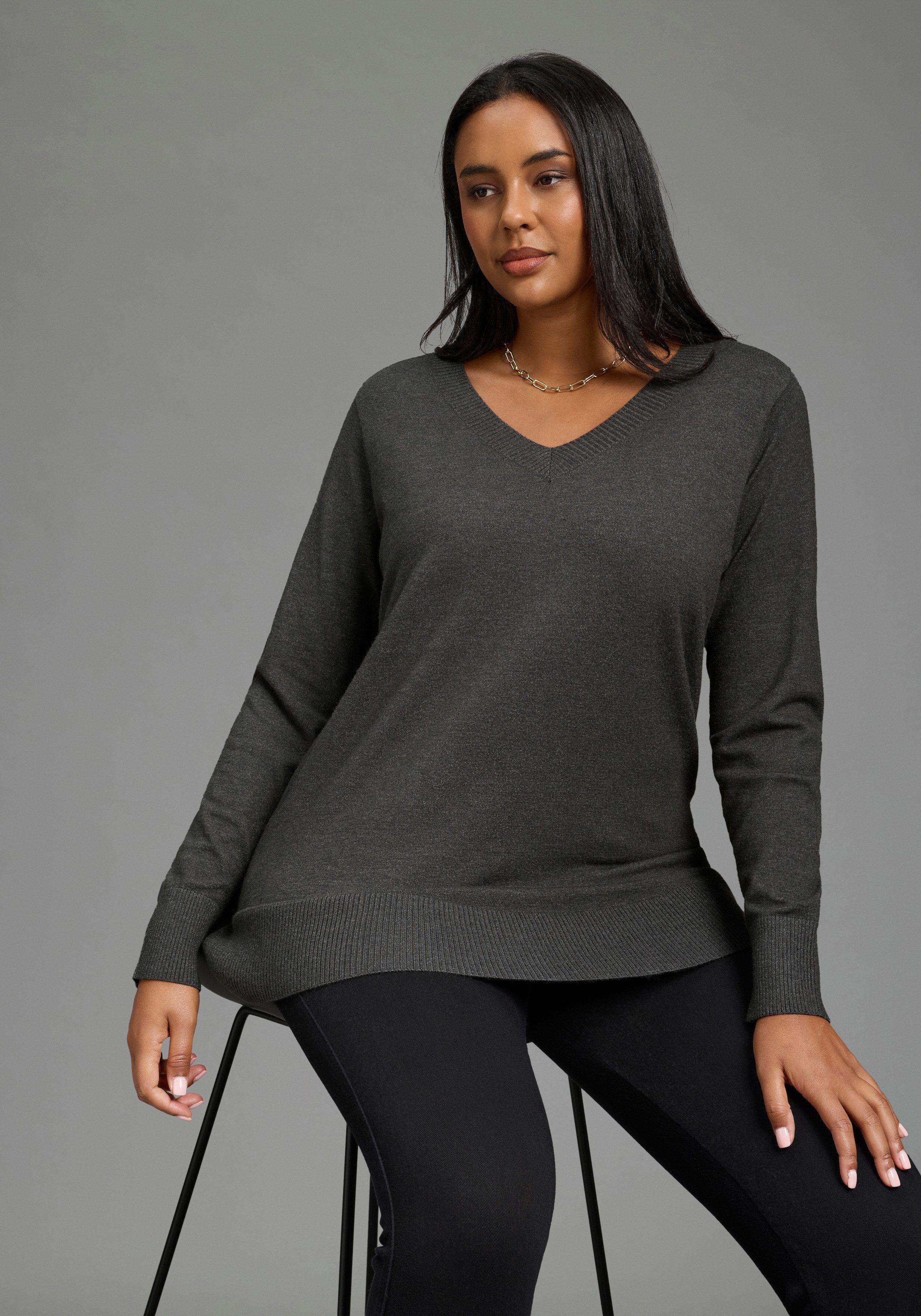 Laura Scott CURVE Strickpullover Große Größen figurumspielend, mit V-Ausschnitt