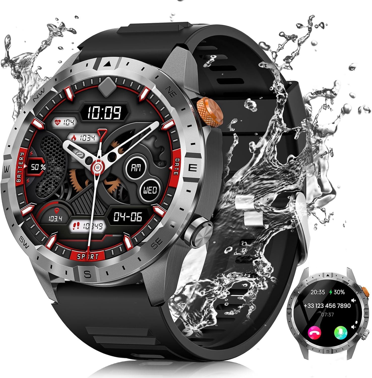 Herren's Telefonfunktion IP68 Wasserdicht Fitness-Tracker Smartwatch