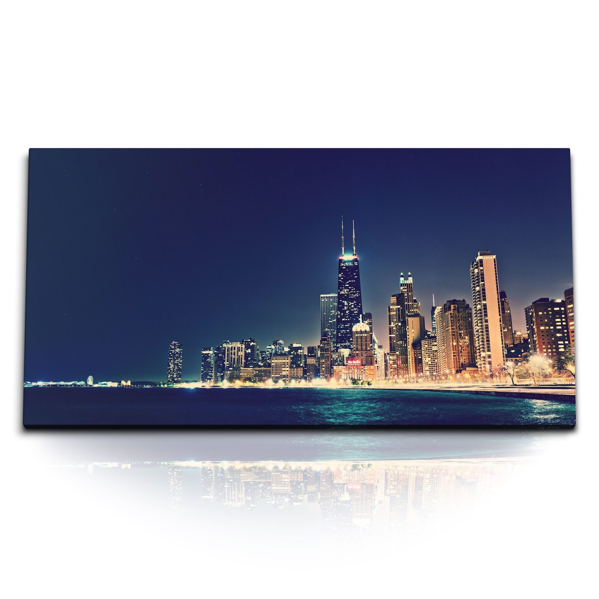 Leinwandbild Kunstdruck Bilder 120x60cm USA Chicago Skyline Nacht Hochhäuser Stadt
