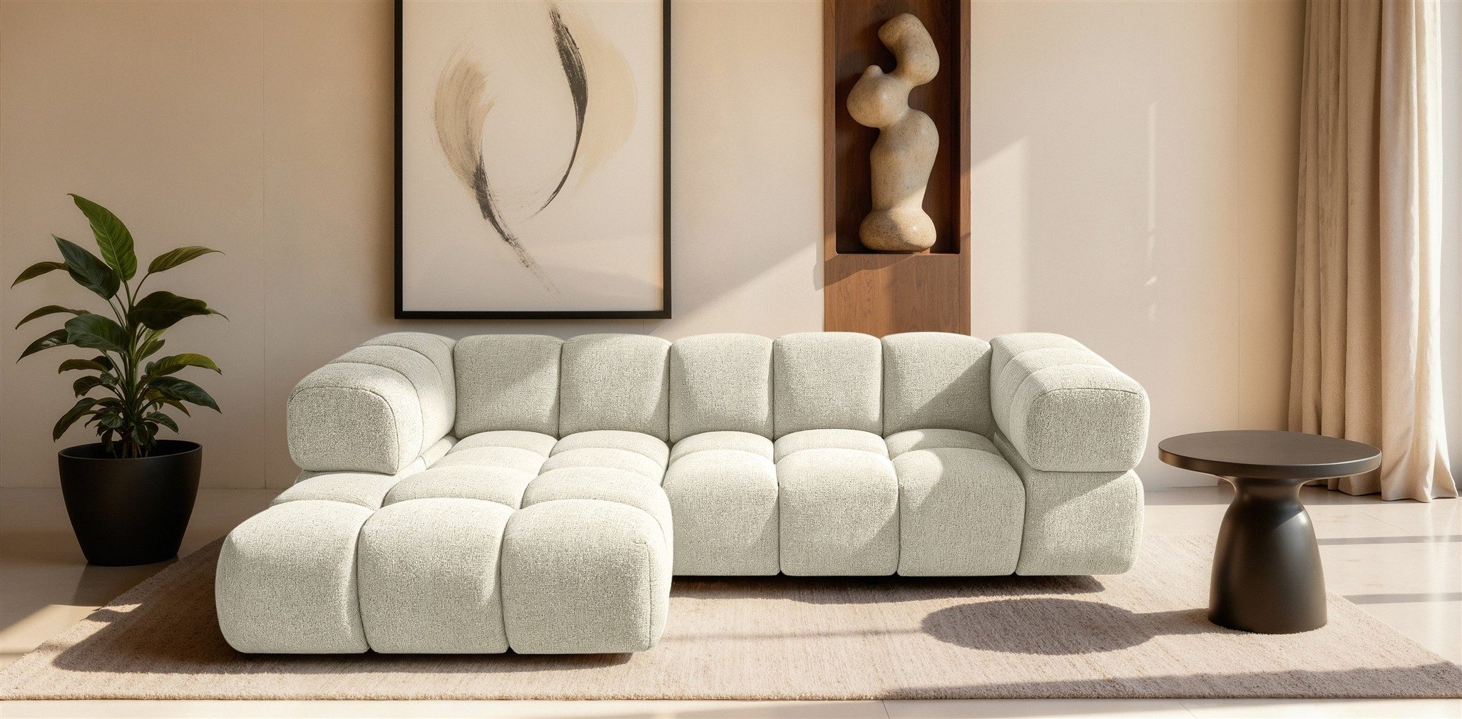 Fun Möbel Ecksofa Designersofa Fun ANGELA in Velourstoff Bluvel oder Webstoff Puente, Ottomane Links oder Rechts, Rundumbezug