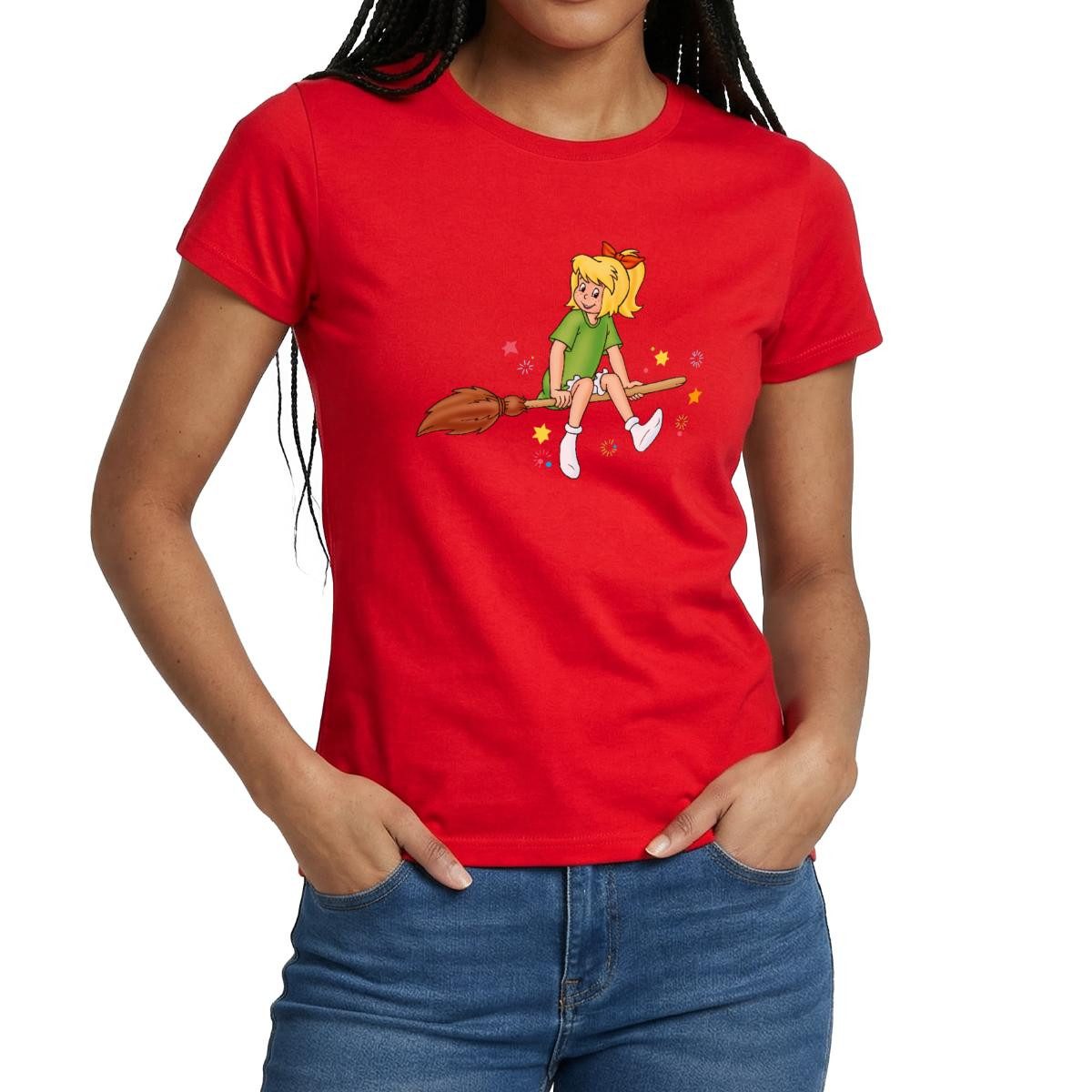Spreadshirt T-Shirt Bibi Blocksberg Sitzt Sicher Auf Besen Kartoffelbrei Frauen T-Shirt (1-tlg)