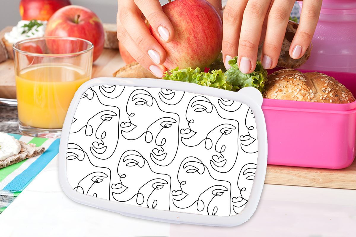 - und Mädchen, Brotbox Strichzeichnungen Lunchbox Kunststoff, rosa Schwarz Weiß, - Brotdose Kinder, Muster (2-tlg), Erwachsene, Kunststoff für MuchoWow Snackbox,