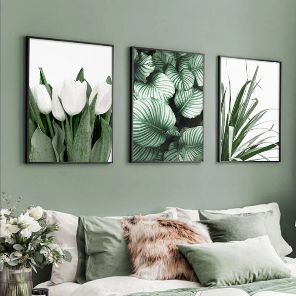TPFLiving Kunstdruck »OHNE RAHMEN«, Motiv D, Luxus Poster Leinwand -  Wandbild / Blumen und Blätter in Grün und Weis - 15 Motive in 16 Größen zur  Auswahl - Auch in DIN A4,