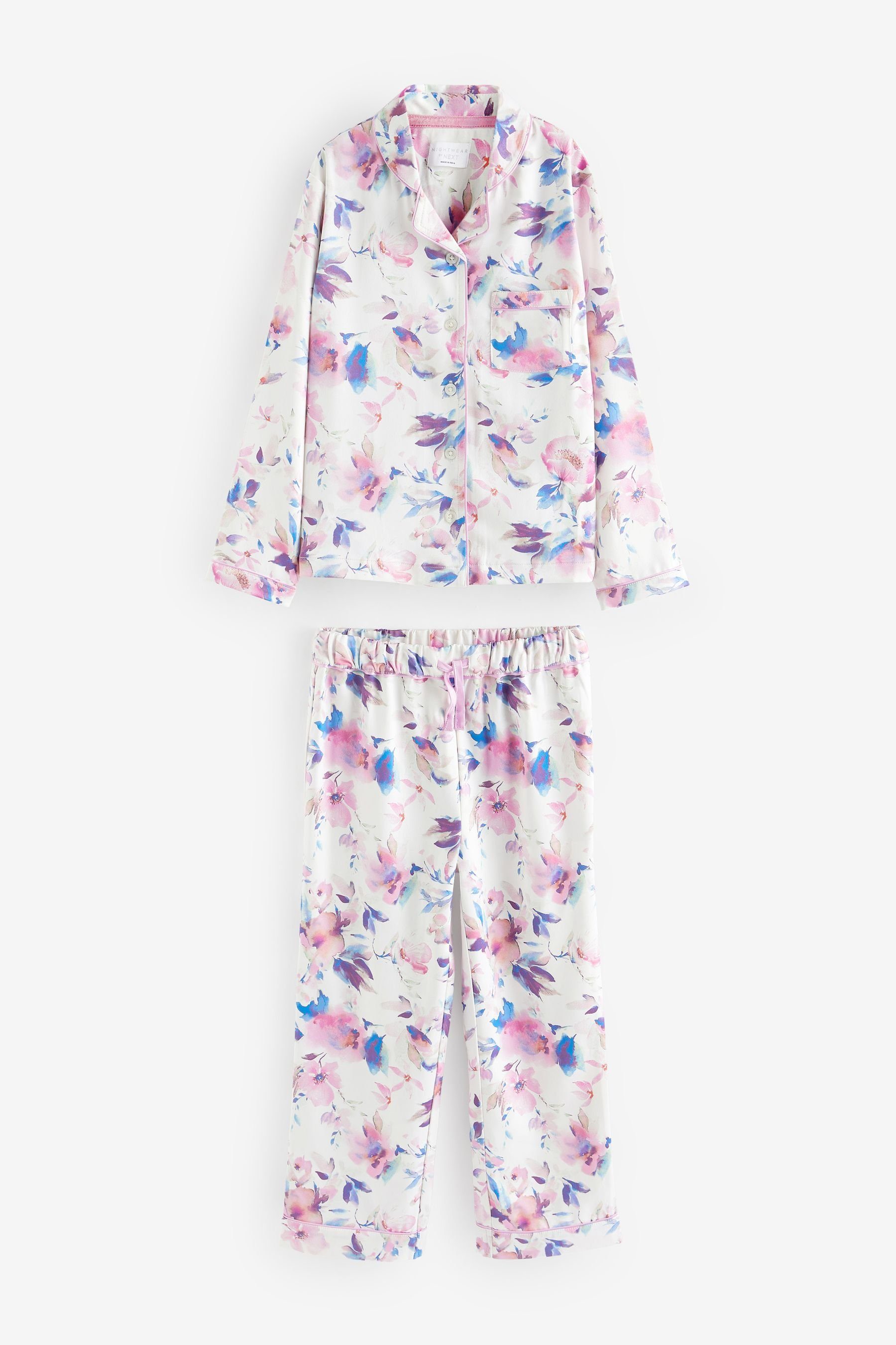geknöpfter White Floral aus Satin tlg) Pyjama Schlafanzug Durchgehend Next (2