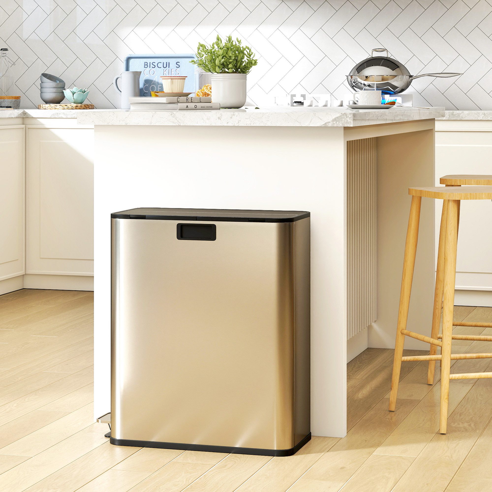HOMCOM Mülltrennsystem Küchenmülleimer, Tretmülleimer mit Schmetterlingsdeckel, Recycling, 2 Fächer je 28L, Soft-Close, Edelstahl, herausnehmbar