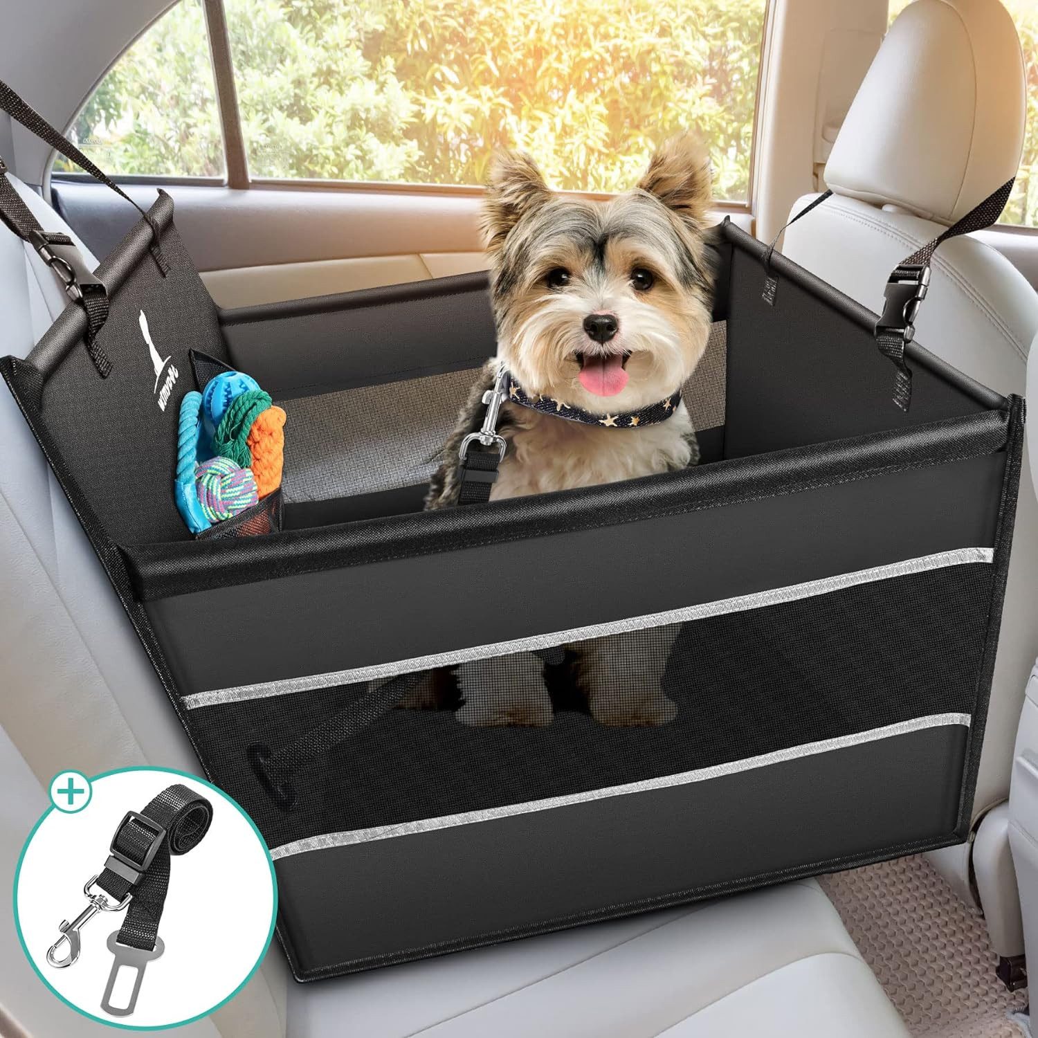 POPOLIC Hunde-Autositz Hunde-Autositz für kleine & mittlere Hunde – mit Sicherheitsgurt, faltbar für den Rücksitz, waschmaschinenfest & reißfest (50×50×47 cm)