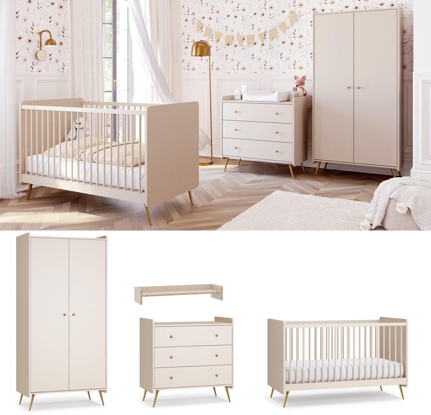QMM TraumMöbel Babyzimmer-Komplettset Babyzimmer komplett Set Lien, (Set, 4-tlg., Schrank 2-türig, Kommode, Wickelaufsatz, Kinderbett 140x70), Abgerundete Kanten