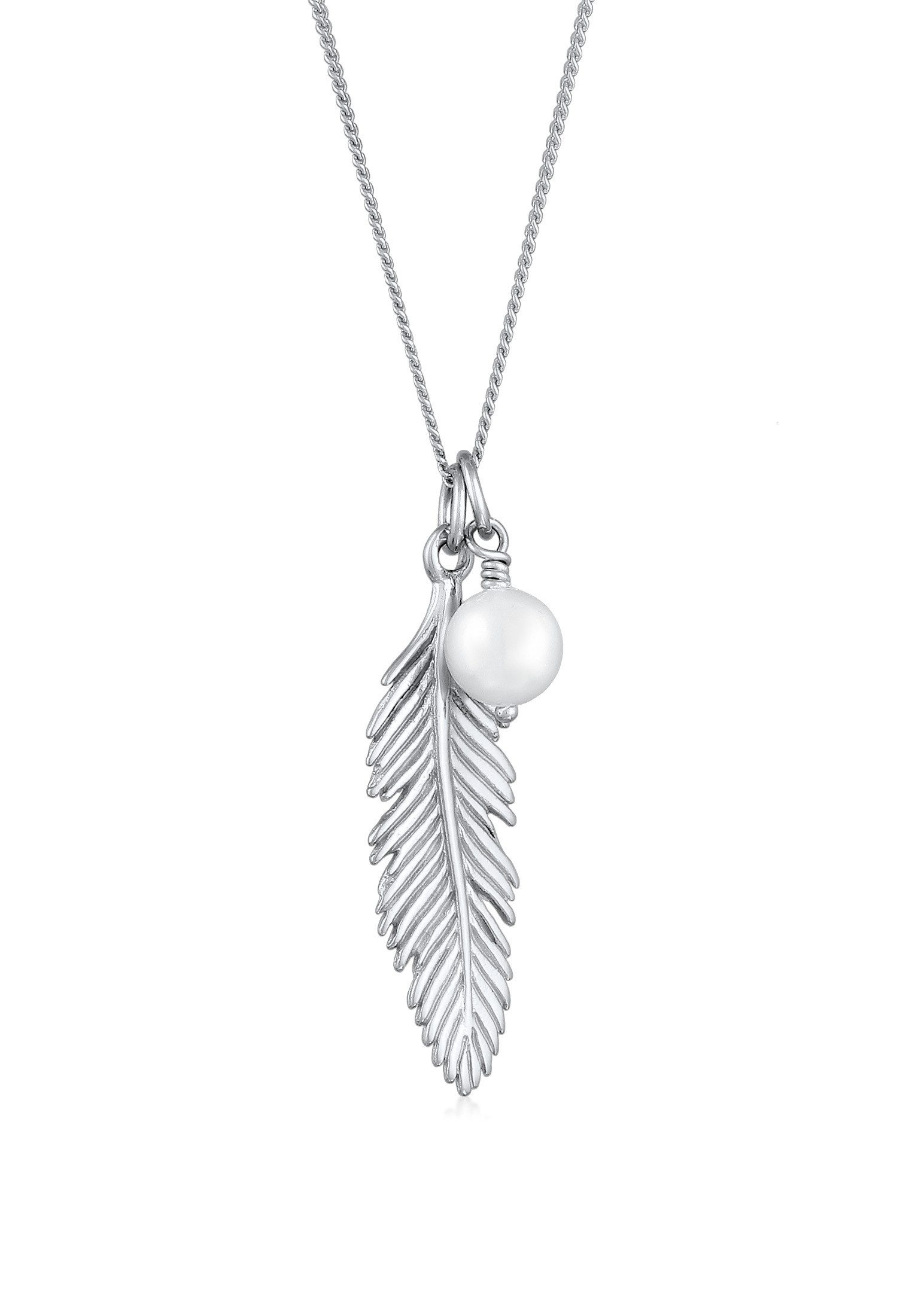 Perlenkette Feder Muschelkernperle Weiß 925 Sterling Silber