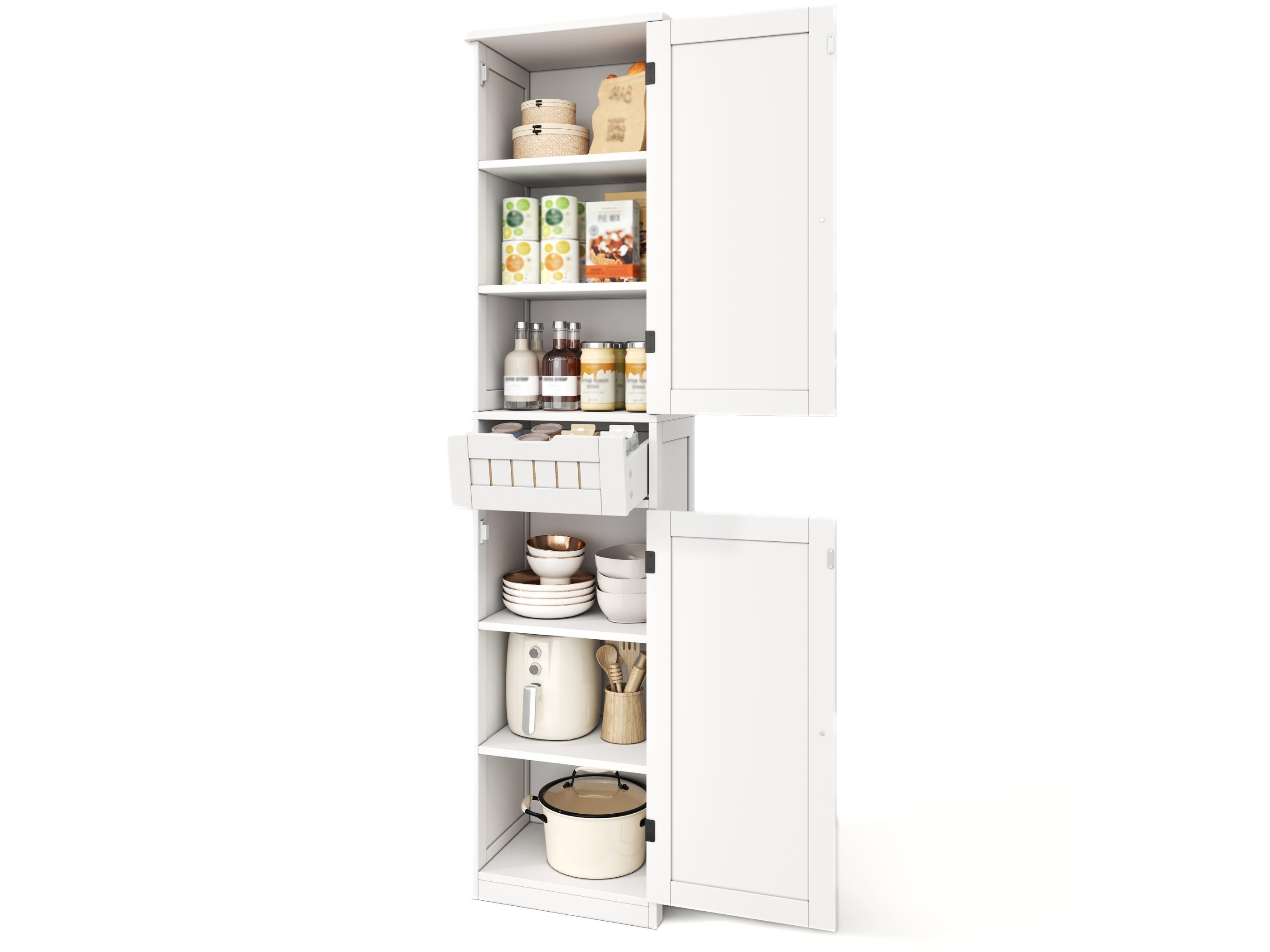 SeedWave Buffet Küchenschrank 40x30x170 cm mit 6 Fächern und Schublade Retro-Türfronten mit Rillenoptik für Geschirr und Gewürze