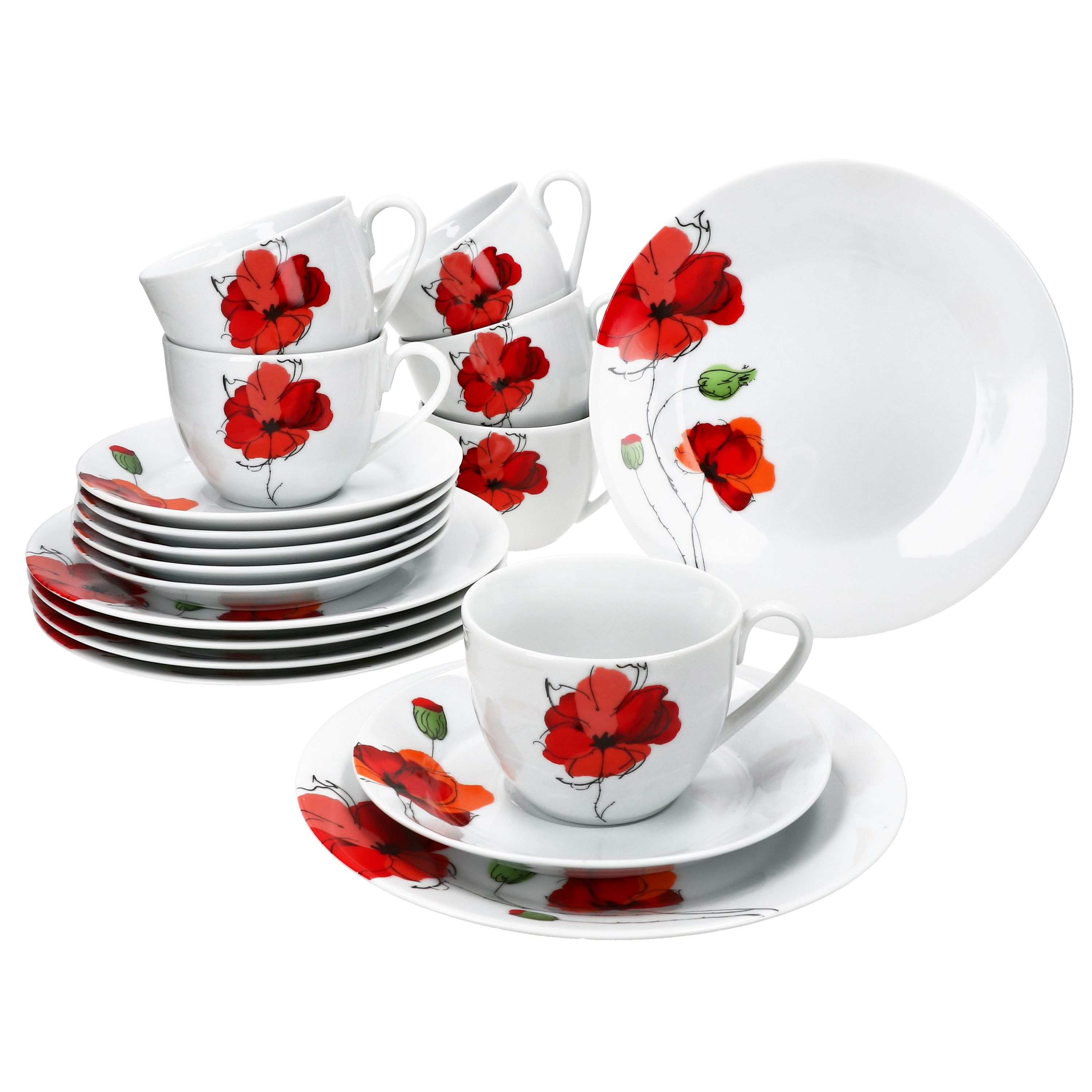 MamboCat Kaffeeservice MamboCat Mona 18tlg Kaffeeservice Mohnblüten Tasse Untertasse Teller, Porzellan