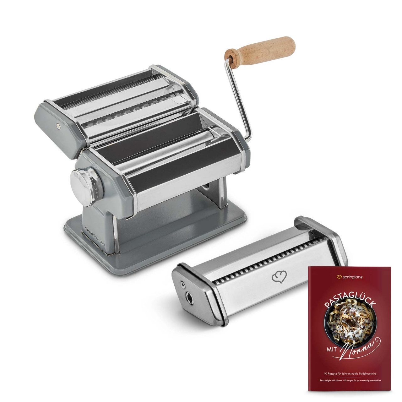 Springlane Nudelmaschine - Manuelle Nudelmaschine aus Edelstahl inkl. Linguine Aufsatz, Rezeptbuch, Nudeltrockner & 3 Schneideaufsätze, 9 Teigdicke-Stufen