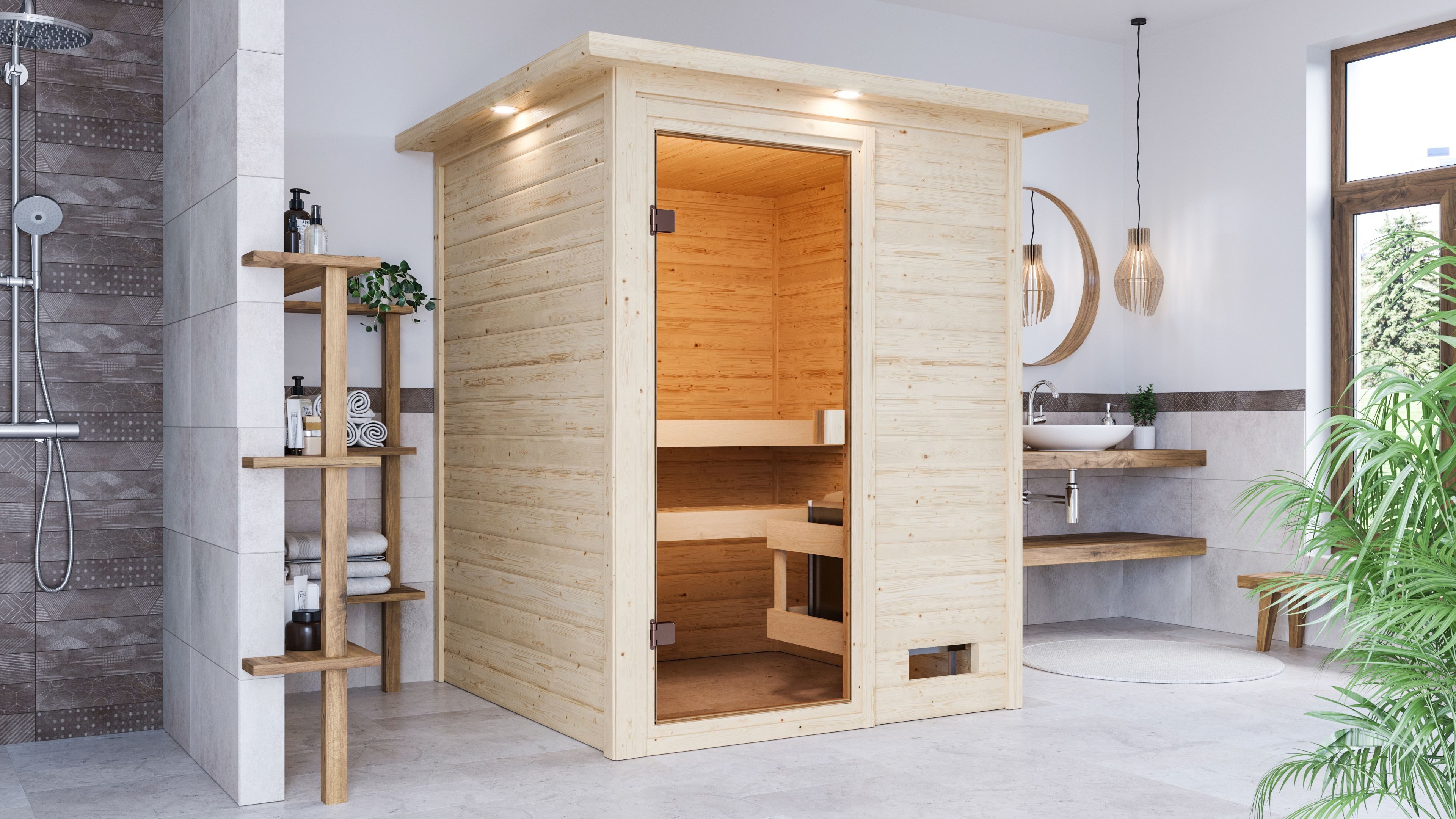 Karibu Sauna "Sandy" mit bronzierter Tür und Kranz, naturbelassen, BxTxH: 173 x 159 x 191 cm, 38 mm, aus hochwertiger nordischer Fichte