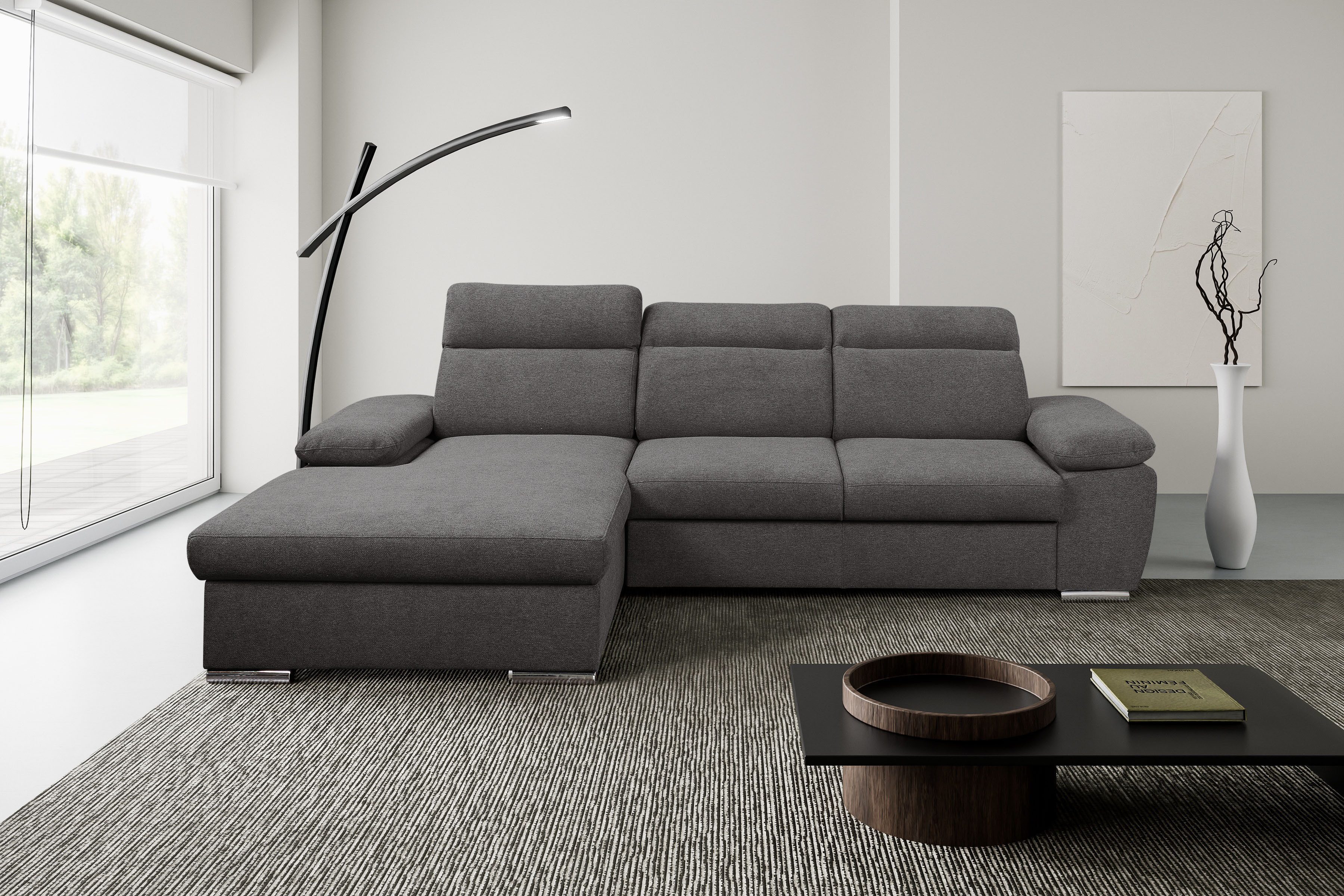 WERK2 Ecksofa Palma 282 x 185 cm, Bett und Bettkasten, Kopfteilverstellung, bequem, Strukturstoff, L-Form, XXL, Schlaffunktion, Bettkasten