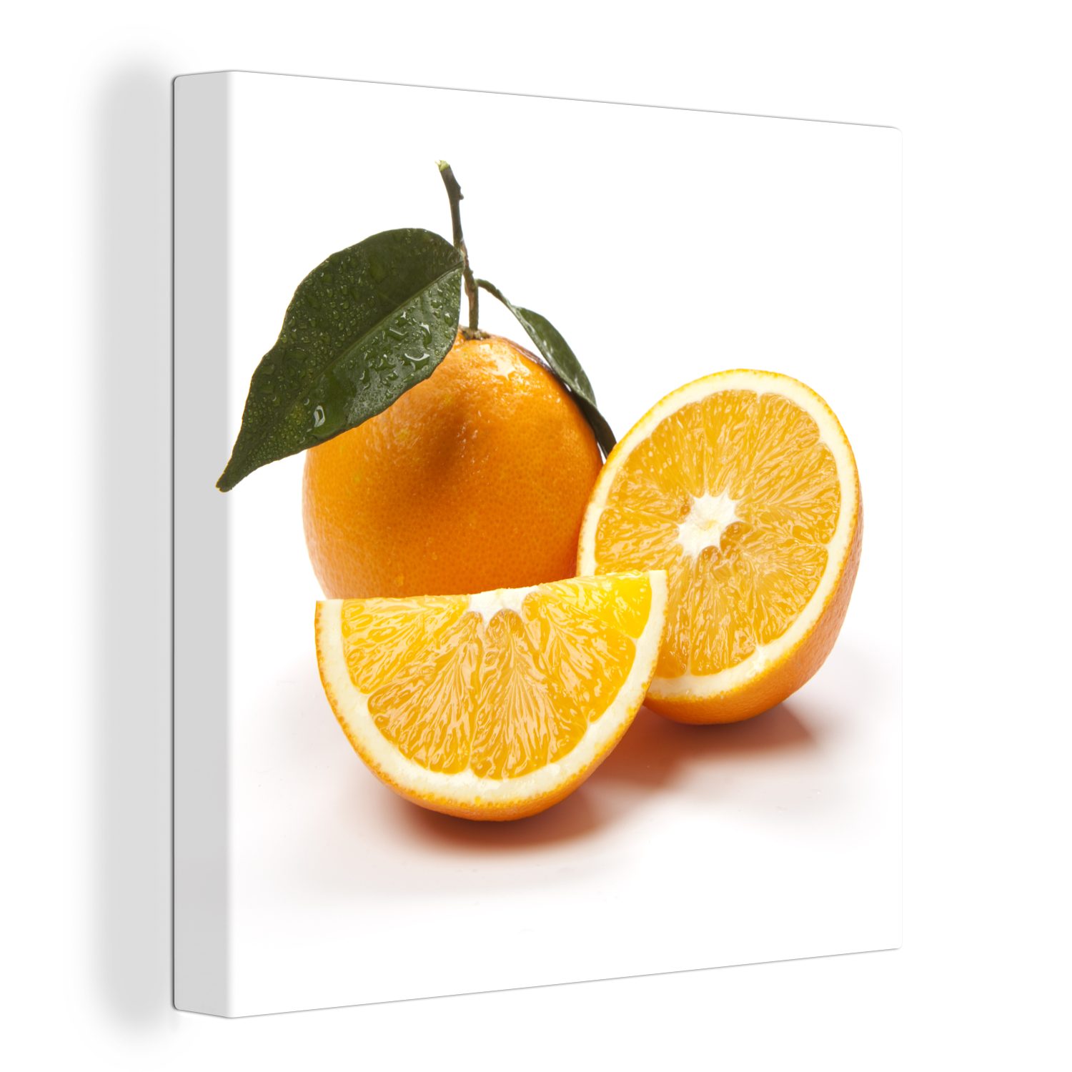 OneMillionCanvasses® Leinwandbild Orange - Frucht - Blatt, (1 St), Leinwand Bilder für Wohnzimmer Schlafzimmer