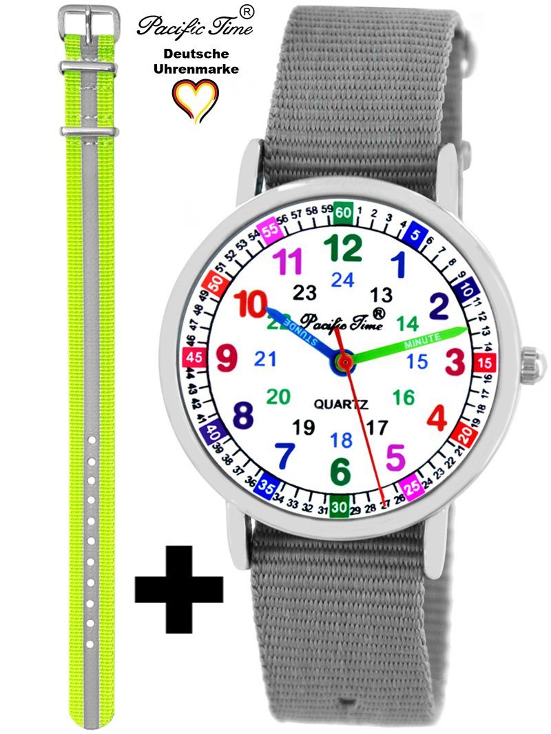 Pacific Time Quarzuhr Set Kinder Armbanduhr Lernuhr Wechselarmband, Mix und Match Design - Gratis Versand grau und Reflektor gelb