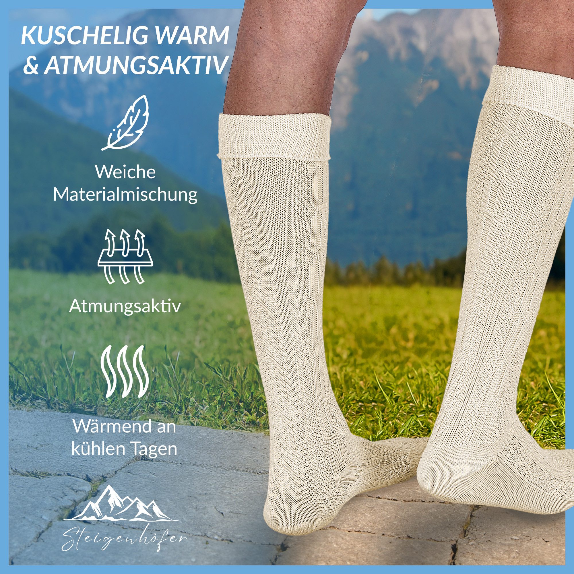 Steigenhöfer Manufaktur Trachtensocken für Herren und Damen – Socken mit Zopfmuster und Edelweißanstecker Oktoberfest Strümpfe aus Baumwolle für Männer & Frauen