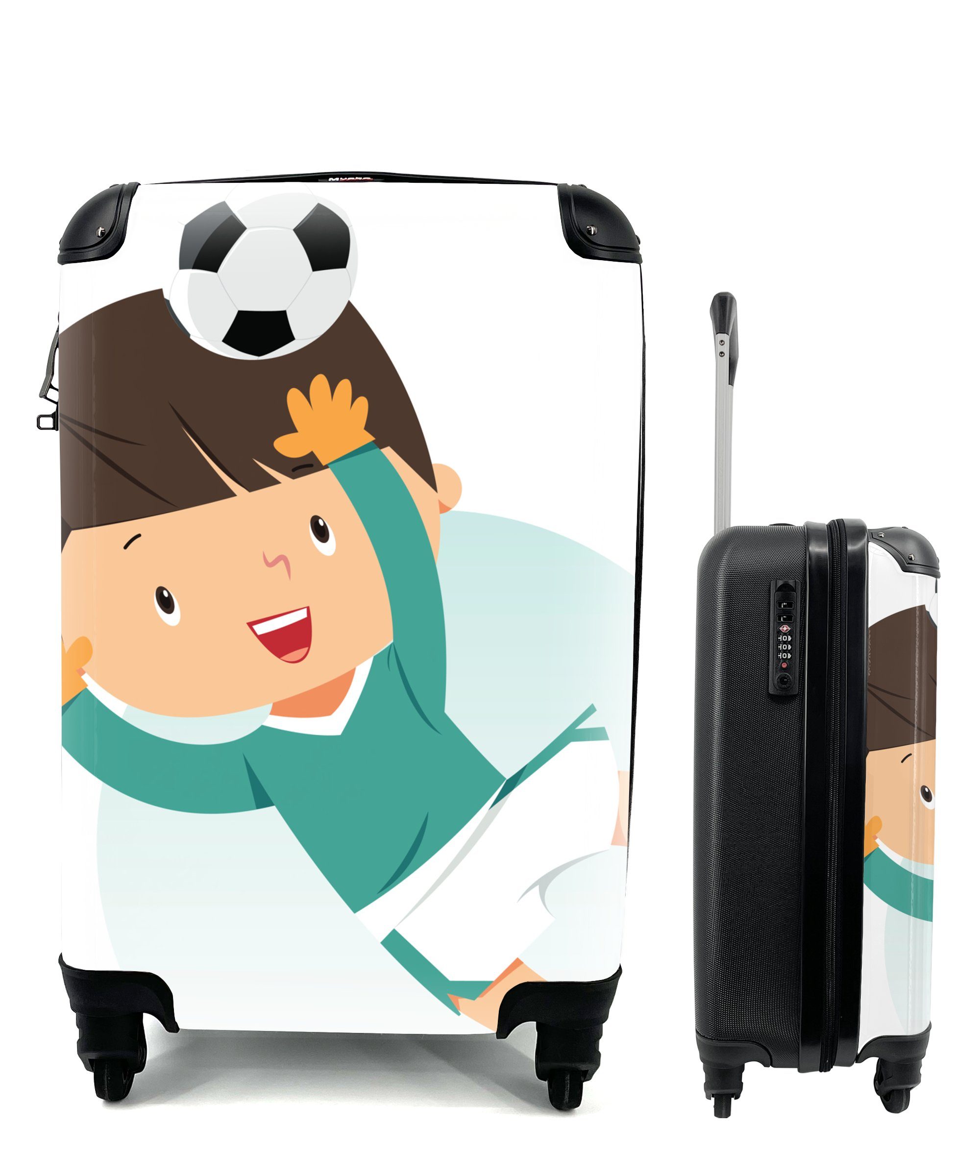 MuchoWow Handgepäckkoffer Eine Illustration eines Kindes, das Fußball spielt - Kinder - Baby -, 4 Rollen, Handgepäck Kinder Trolley Rollkoffer Kleine Reisekoffer mit 4 Rollen - Cabin Size < 55x40x23 & 55x40x20 cm - Kinderkoffer - Kabinenkoffer - Boardgepäck