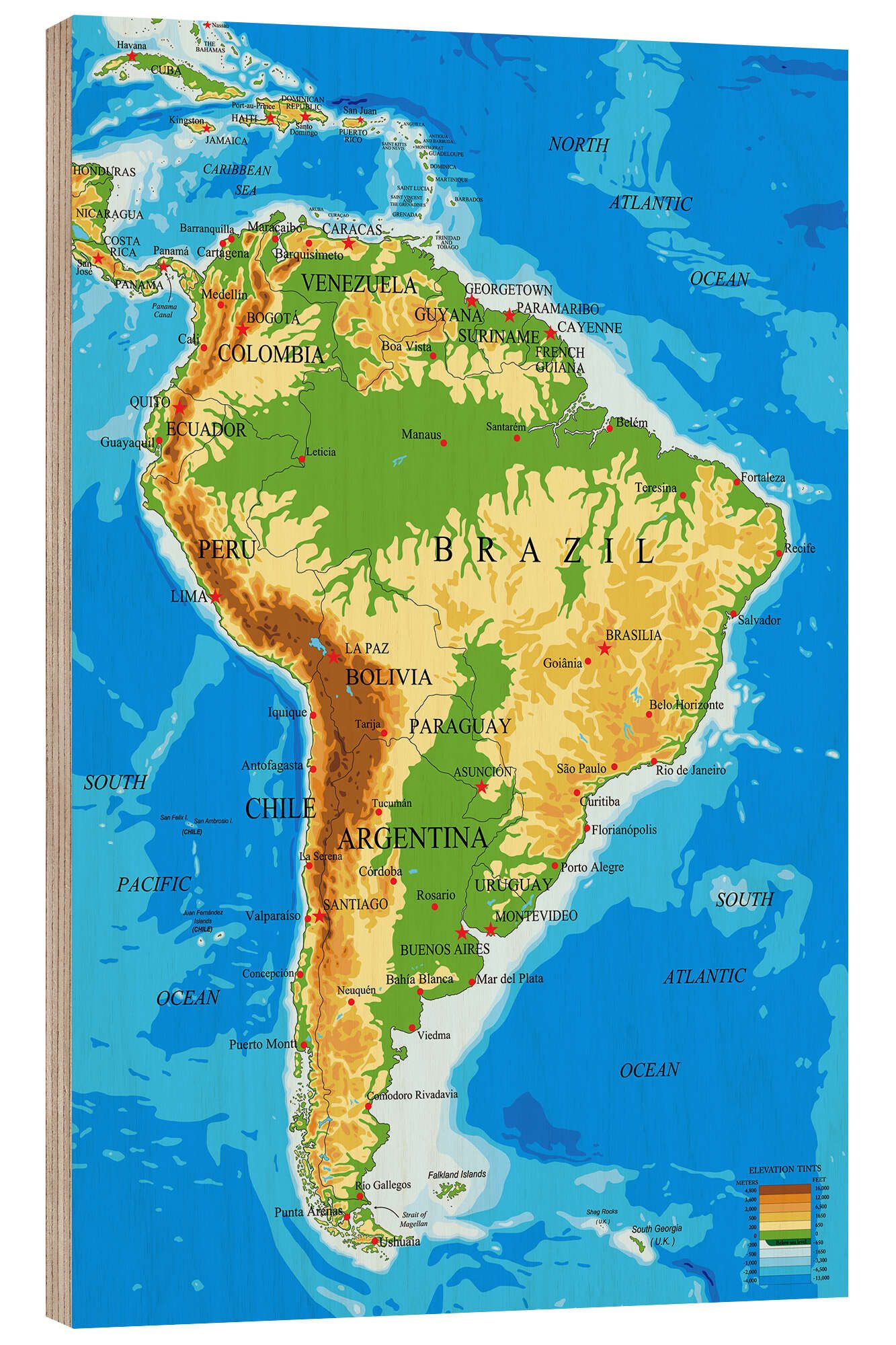 Posterlounge Wandbild Südamerika - Topographische Karte, Editors Choice, erhältlich als Poster, Leinwandbild, Wandsticker oder Acrylglasbild