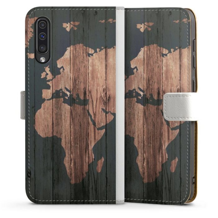 DeinDesign Handyhülle Landkarte Holzoptik Weltkarte Wooden World Map Samsung Galaxy A30s Hülle Handy Flip Case Wallet Cover ZN11750
