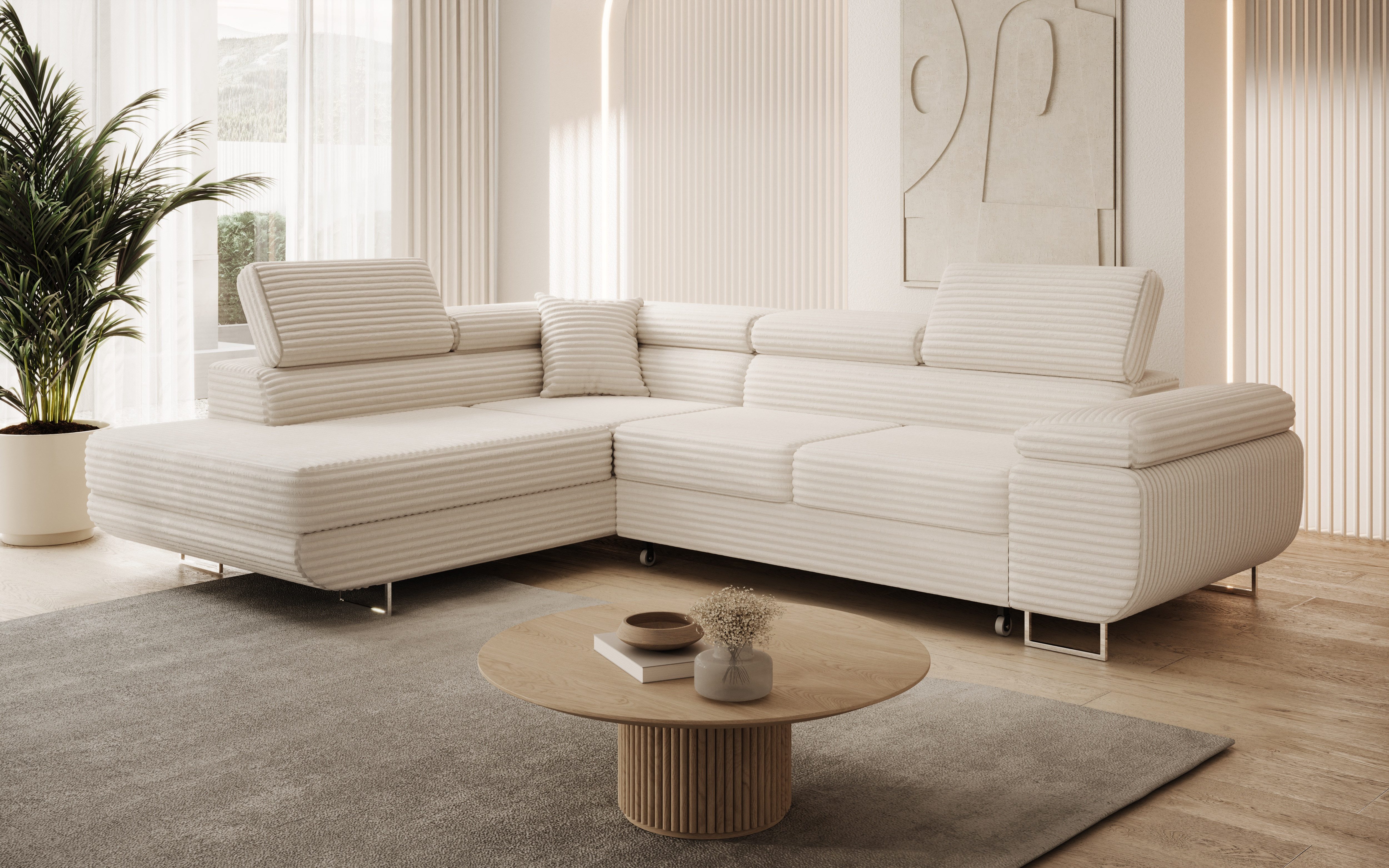 thematys Ecksofa ASTON mit Schlaffunktion & Bettkasten – Cordstoff TILIA, - mit 3 verstellbaren Kopfstützen, – L-Form 273×203 cm – Schlafsofa mit Auszug