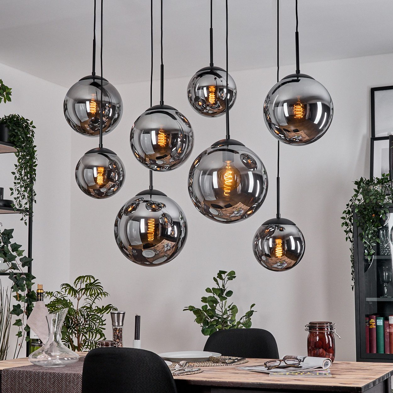 hofstein Hängeleuchte Hängelampe aus Metall/Glas in Schwarz/Rauchfarben, ohne Leuchtmittel, moderne Pendelleucht im Retro/Vintage-Design (20; 25; 30 cm), 8x E27