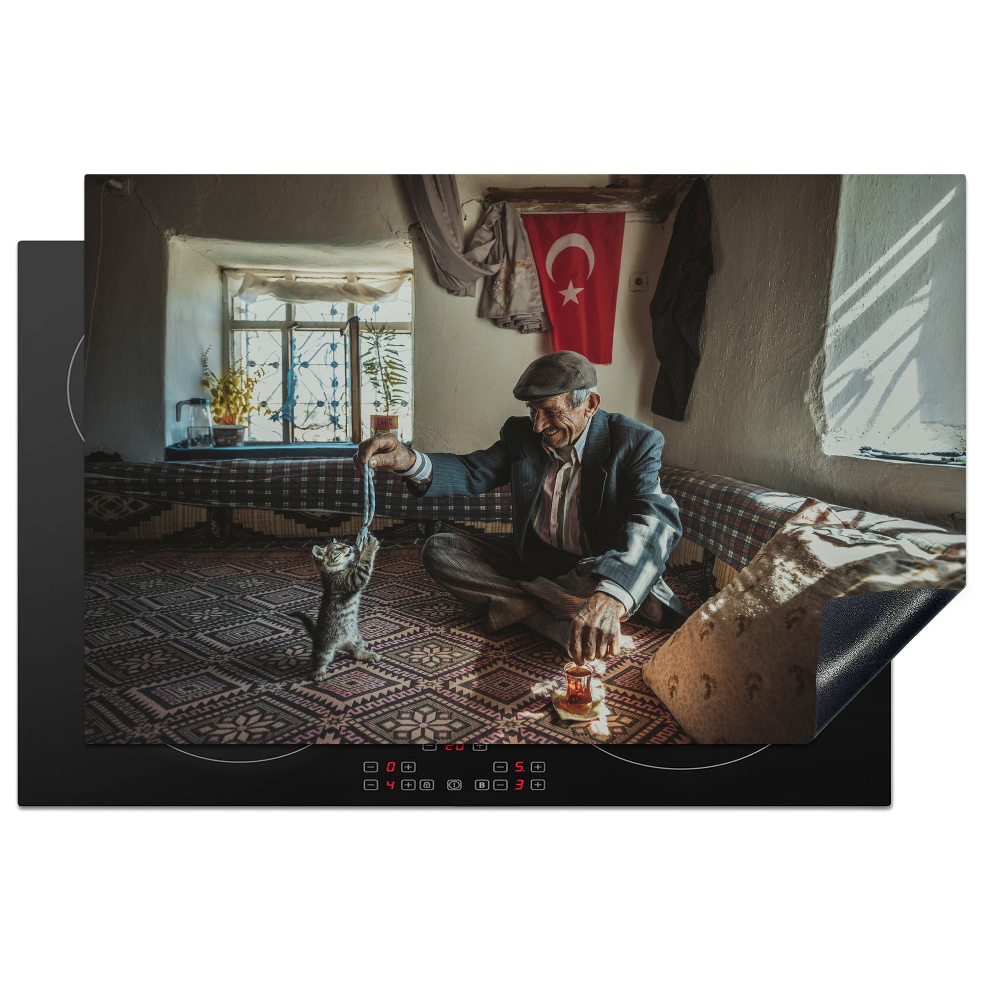 MuchoWow Herdblende-/Abdeckplatte Mann mit Katze in der Türkei, Vinyl, (1 tlg), 81x52 cm, Induktionskochfeld Schutz für die küche, Ceranfeldabdeckung