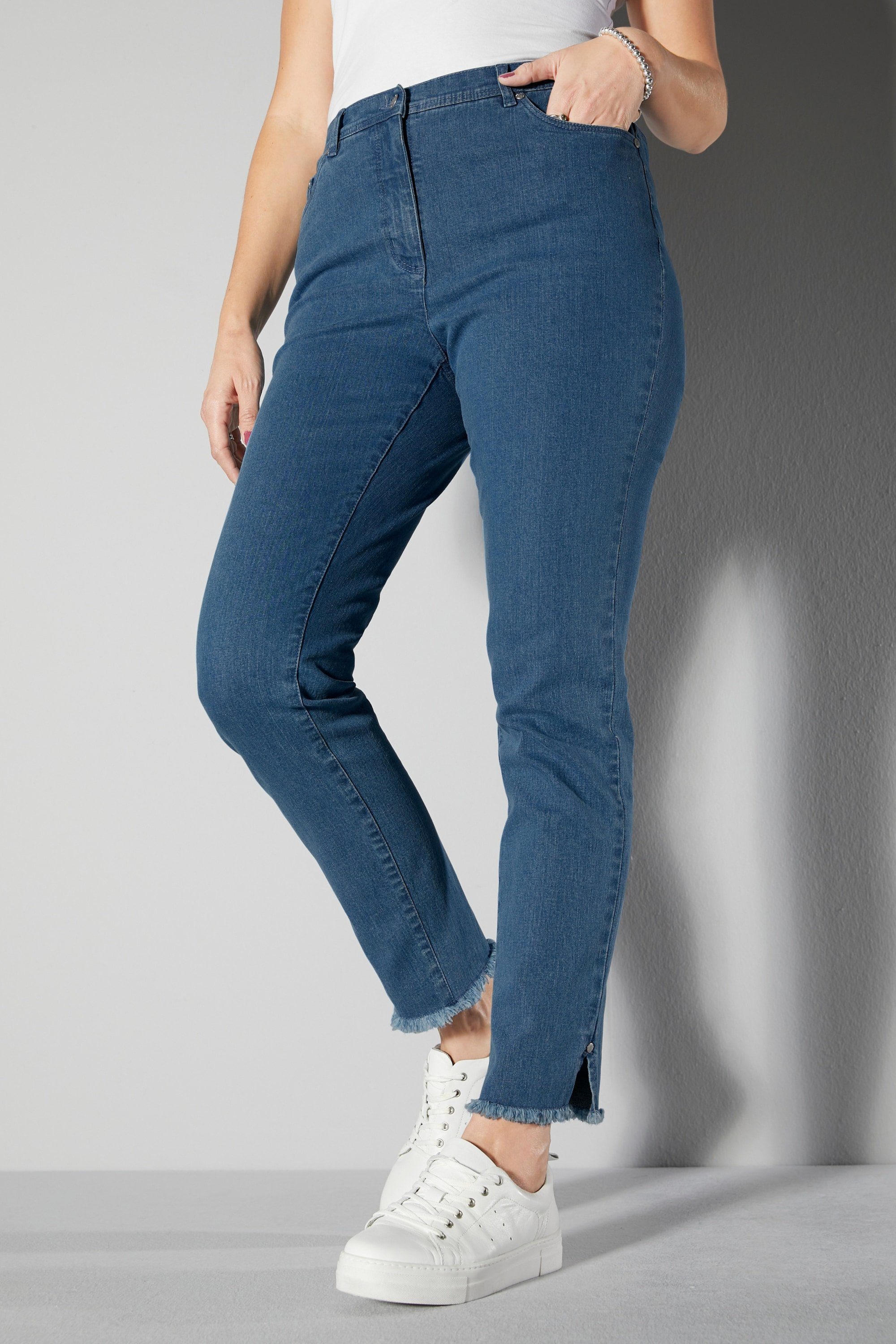 Schlitz Fransensaum Regular-fit-Jeans MIAMODA Jeans Slim Fit 5-Pocket mit