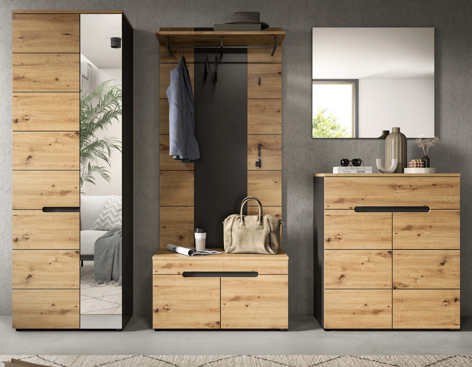 Inn.Furn Garderoben-Set Cooper, (Flurgarderobe in Eiche Artisan und Basalt günstig online kaufen