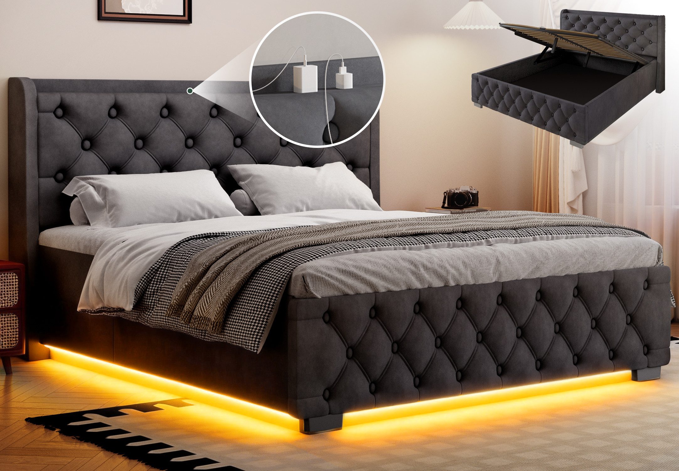 Lexzurn Polsterbett Doppelbett 140x200 cm,mit LED-Licht und Ladeanschluss (hydraulisches Speicherbett (680-Liter-Stauraum, Metallrahmen und Massivholz-Lattenrost,geräuscharmes Design), USB-Anschluss/Doppelsteckdose, Aufladen ohne Aufstehen), Samtstoff