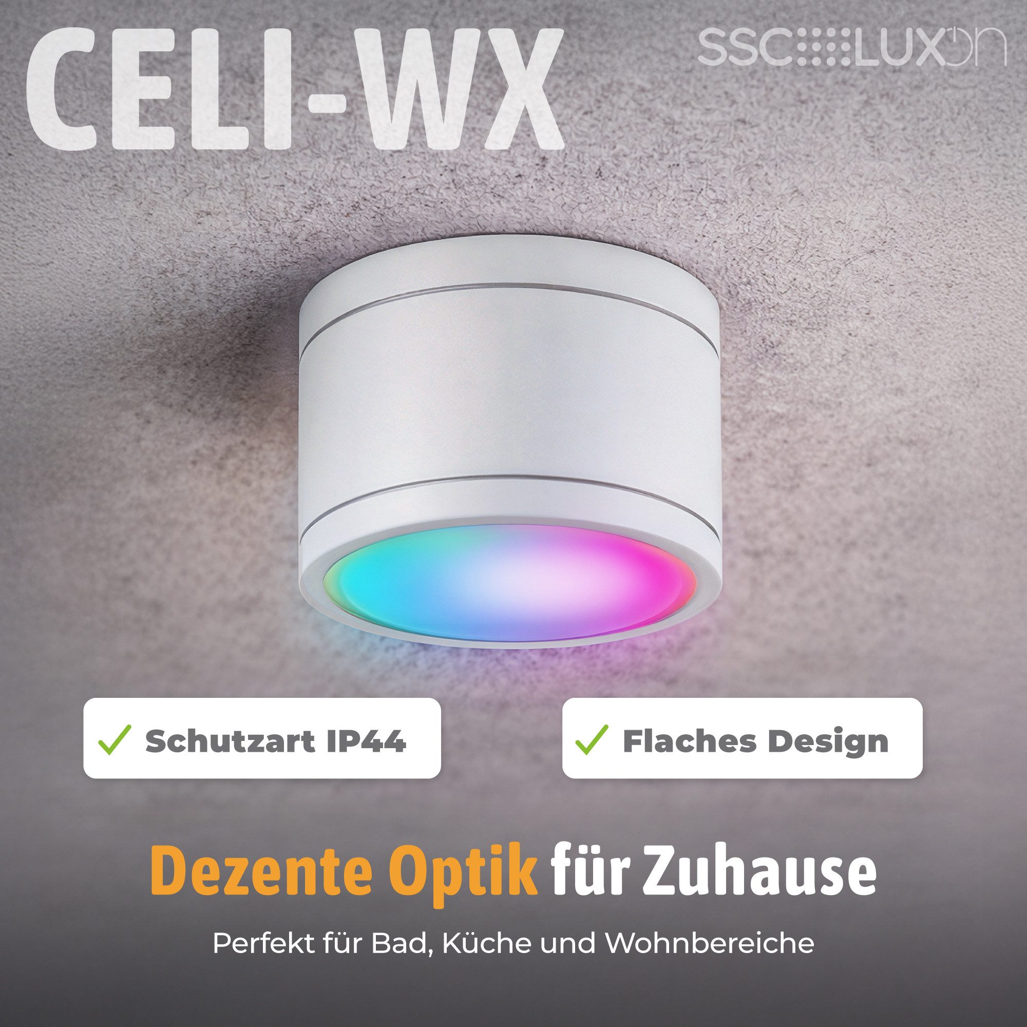 SSC-LUXon LED Außen-Deckenleuchte CELI-WX Bad Aufbaulampe flach IP44 weiss rund mit Smart WiFi RGB LED, Smart