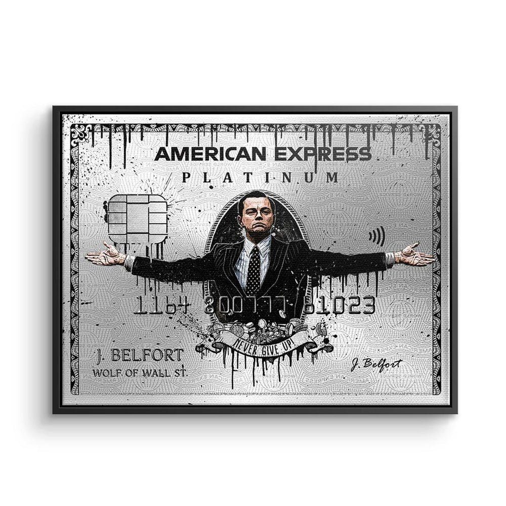 DOTCOMCANVAS® Leinwandbild, Premium Leinwand Wandbild Wolf of Wall Street American Express Design schwarzer Rahmen