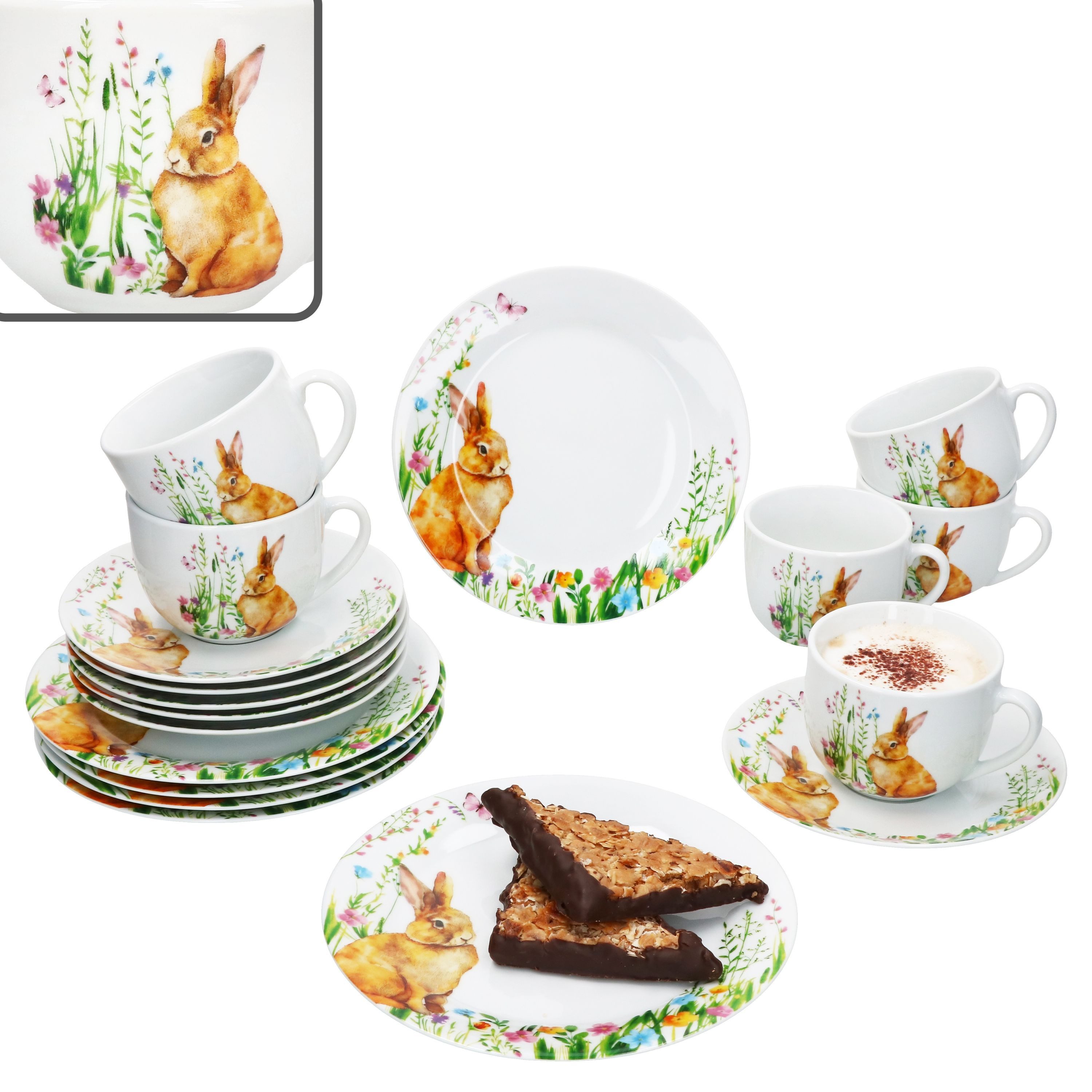 MamboCat Kaffeeservice 18tlg Kaffeeservice Osterfreude Porzellan 6 Personen Hase, Porzellan