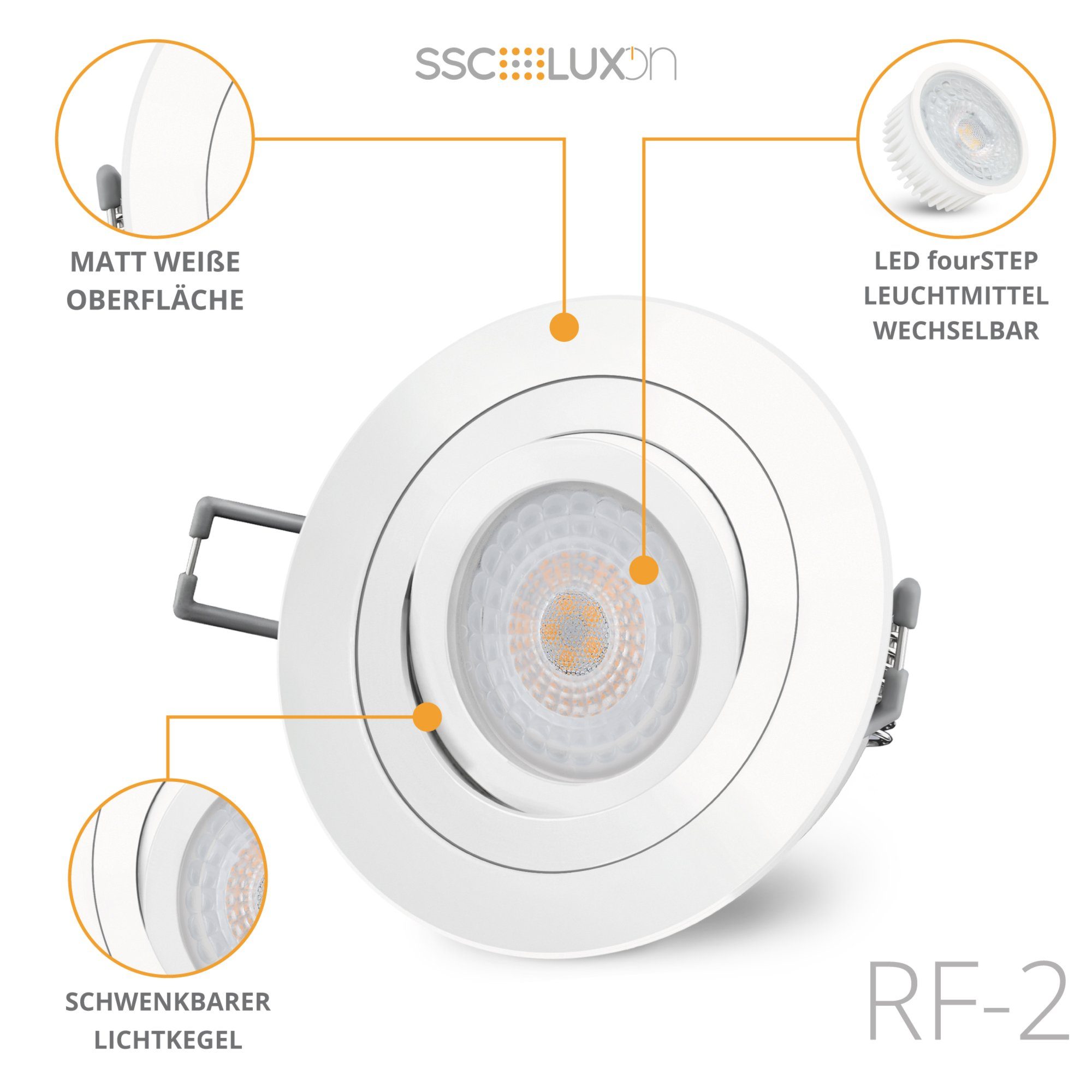 SSC-LUXon LED Einbaustrahler RF-2 LED schwenkbar flach weiss & Modul in fourSTEP Einbauleuchte mit
