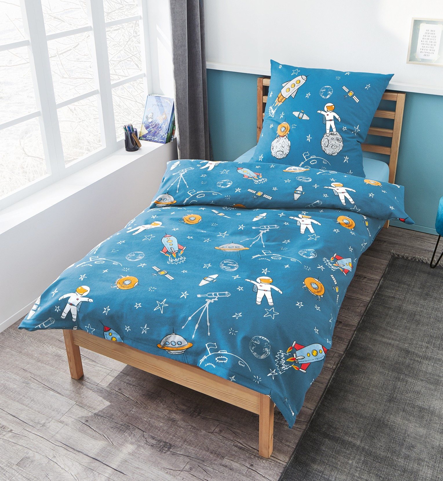 JACK Kinderbettwäsche JACK by Bierbaum Kinder Linon Bettwäsche 2 tlg. 135x200cm Astronaut, Renforcé, 2 teilig, Hochwertige Kinder Bettwäsche, Weltraum, Astronaut, aktuell und chic