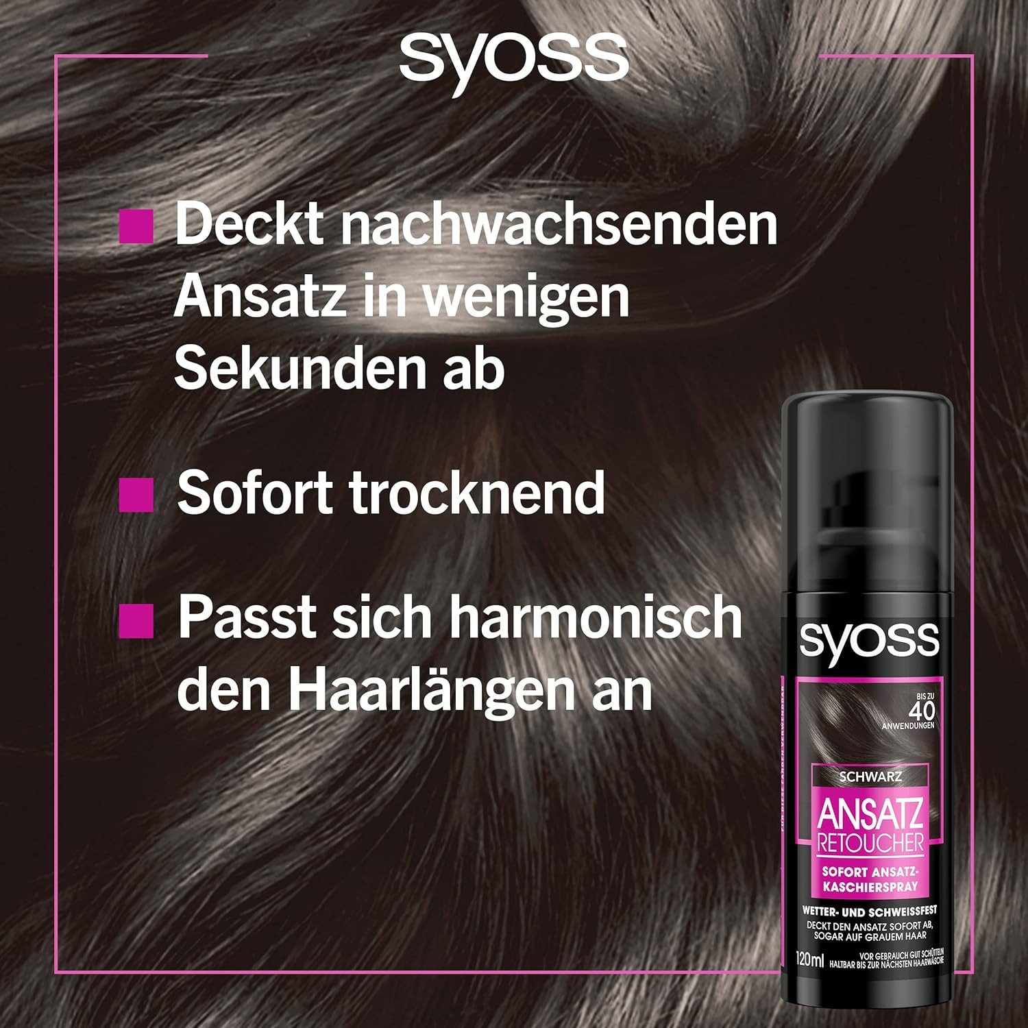 Syoss Haaransatz-Spray Retoucher Kaschierspray Schwarz, Vorteilspack, 3x 120 ml, deckt hellere und graue Haaransätze ab