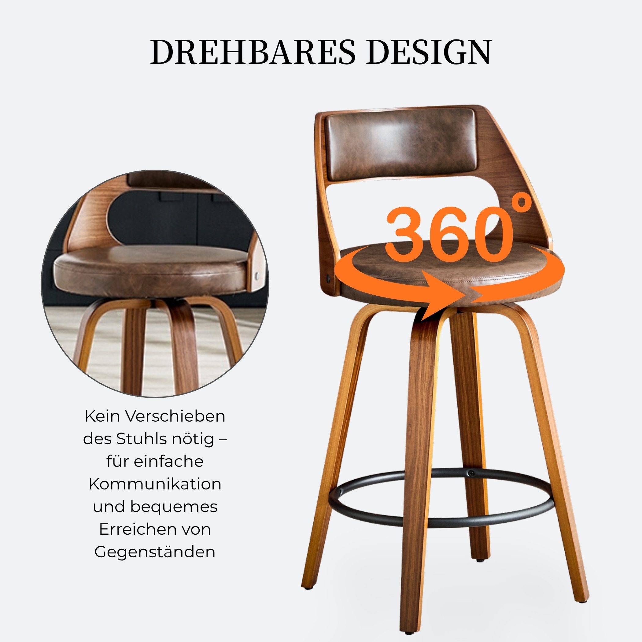 SeedWave Barhocker 2er Set Barstuhl mit Drehsitz, PU-Bezug Küchenhocker mit Holzfüßen, skandinavisches Design, Gebogene Rückenlehne,Metallfußstütze