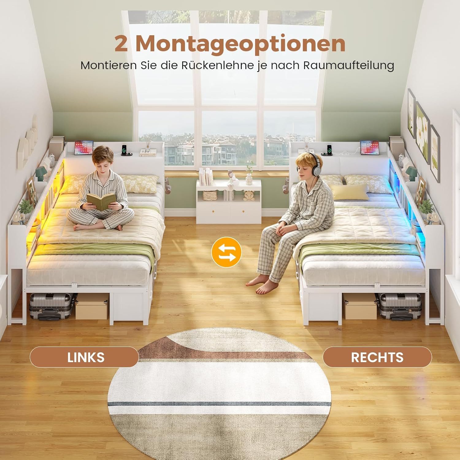 MSMASK Daybett Tagesbett Schlafsofa mit LED-Beleuchtung & Ladestation, Jugendbett mit 6 Staufächern und 6 Schubladen – Liegefläche 90x190 cm – Bild 5 von 5