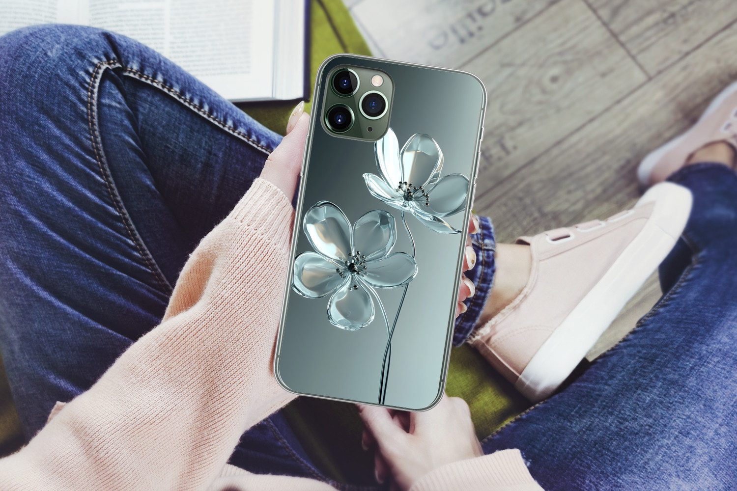 MuchoWow Handyhülle für Apple iPhone 11 Pro Max Kristall - Blumen - Grau, Smartphone-Bumper, Print, Handy Schutzhülle Dünn