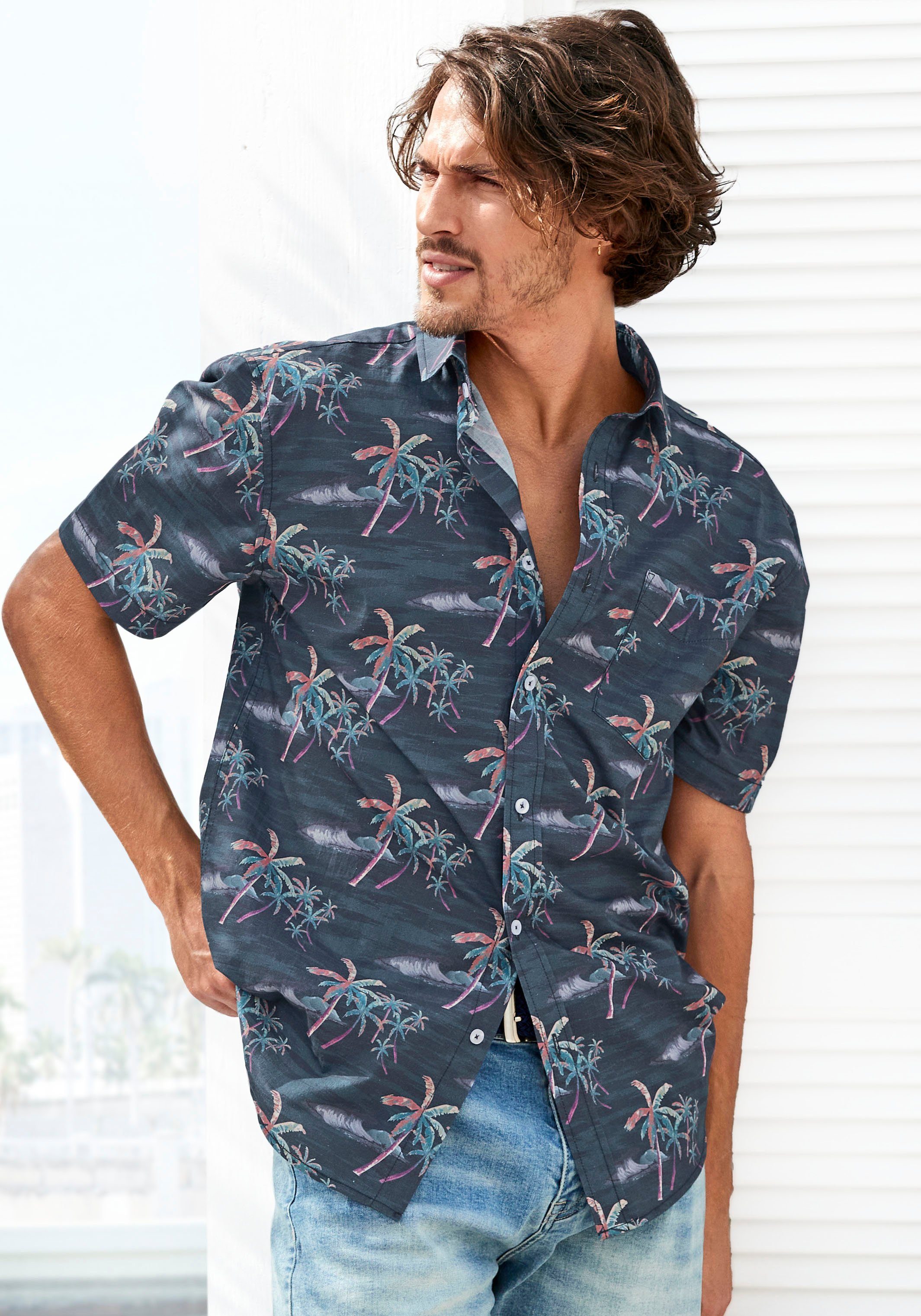Beachtime Hawaiihemd mit coolem Palmenprint, Strandmode navy-bedruckt