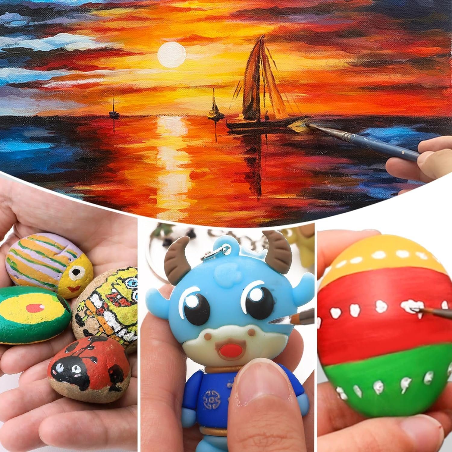 Artecho Acrylfarbe 6 x 60ml + 1 x 120ml Wasserfest Acrylfarben mit 10 Pinseln & 1 Palette, für Papier, Ton, Holz, Steine – zum Reisen, Malen & Freude verschenken