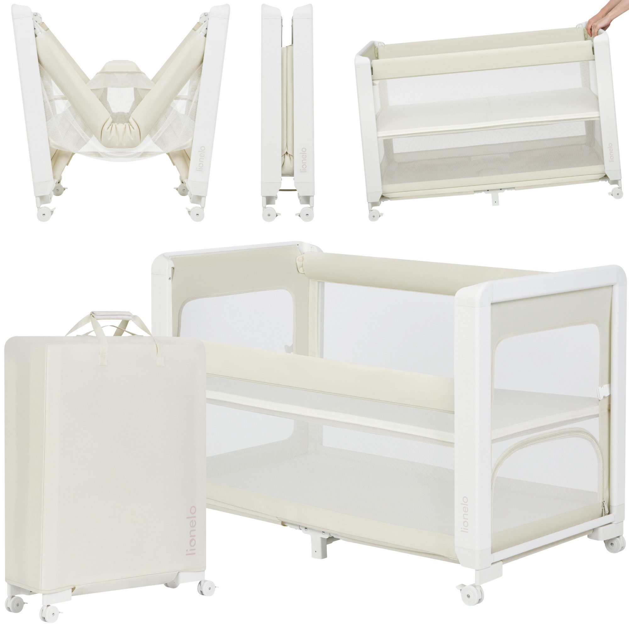 lionelo Reisebett PATTY (Set, 5-in-1-Bettchen mit Matratze und Zubehör) 5-in-1/2 Liegehöhen/Seiteneinstieg/Schnellfaltmechanismus