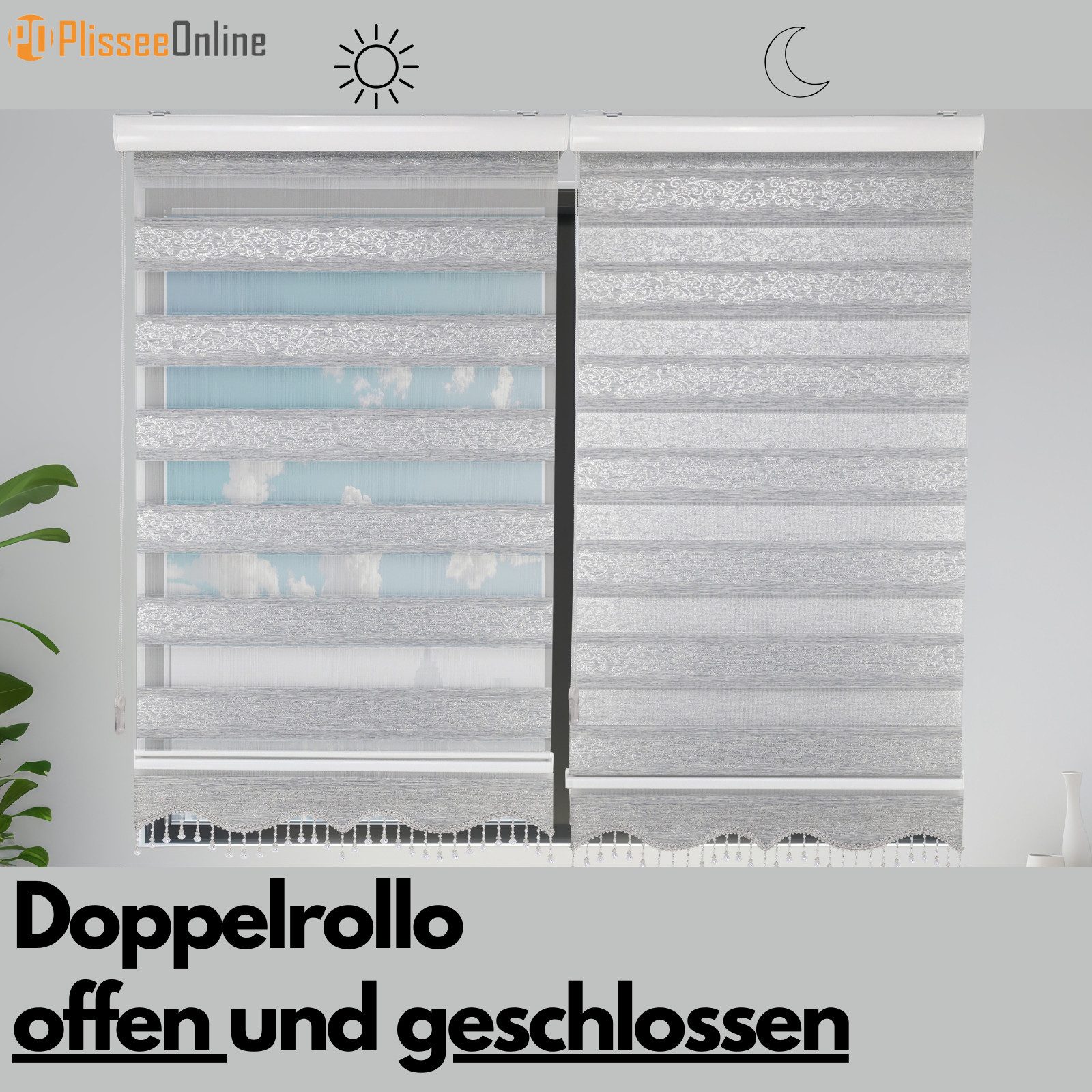 Doppelrollo Duorollo Doppelrollo mit Kassette Rankenmuster und Perlen Höhe: 250 cm, Plisseeonline, blickdicht, Deckenmontage, Freihängend, Deckenmontage mit Clips, Mit Motiv und Alu Kassette in Weiß Gold Schwarz