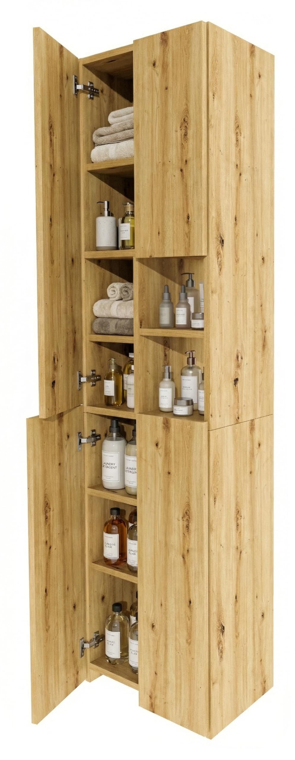 TREND WERK Hochschrank Badschrank schmal stehend B45 x T26,5 x H180 cm (Schmaler Badezimmerschrank mit Regalfächern & Stauraum) Holzoptik, offene & geschlossene Fächer, Standregal Bad, platzsparend
